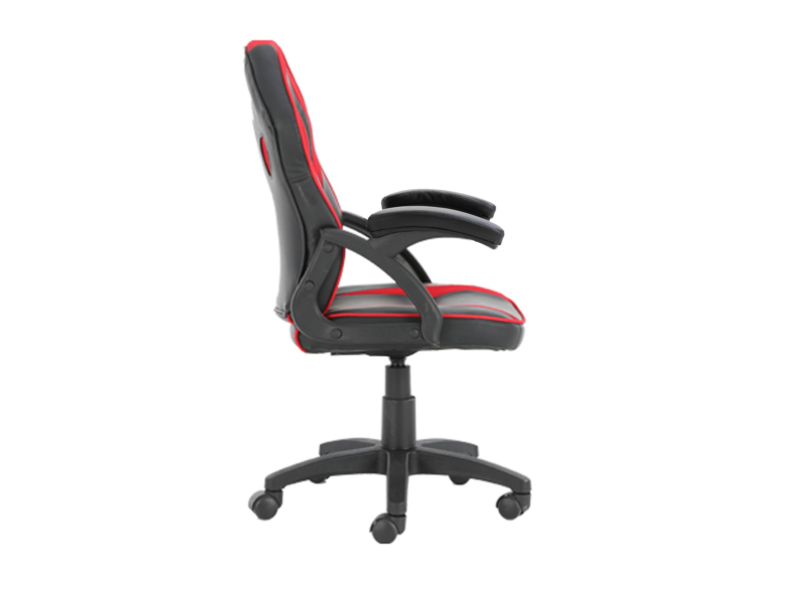 Sedia da ufficio nera con accenti rossi, vista laterale, su sfondo bianco.