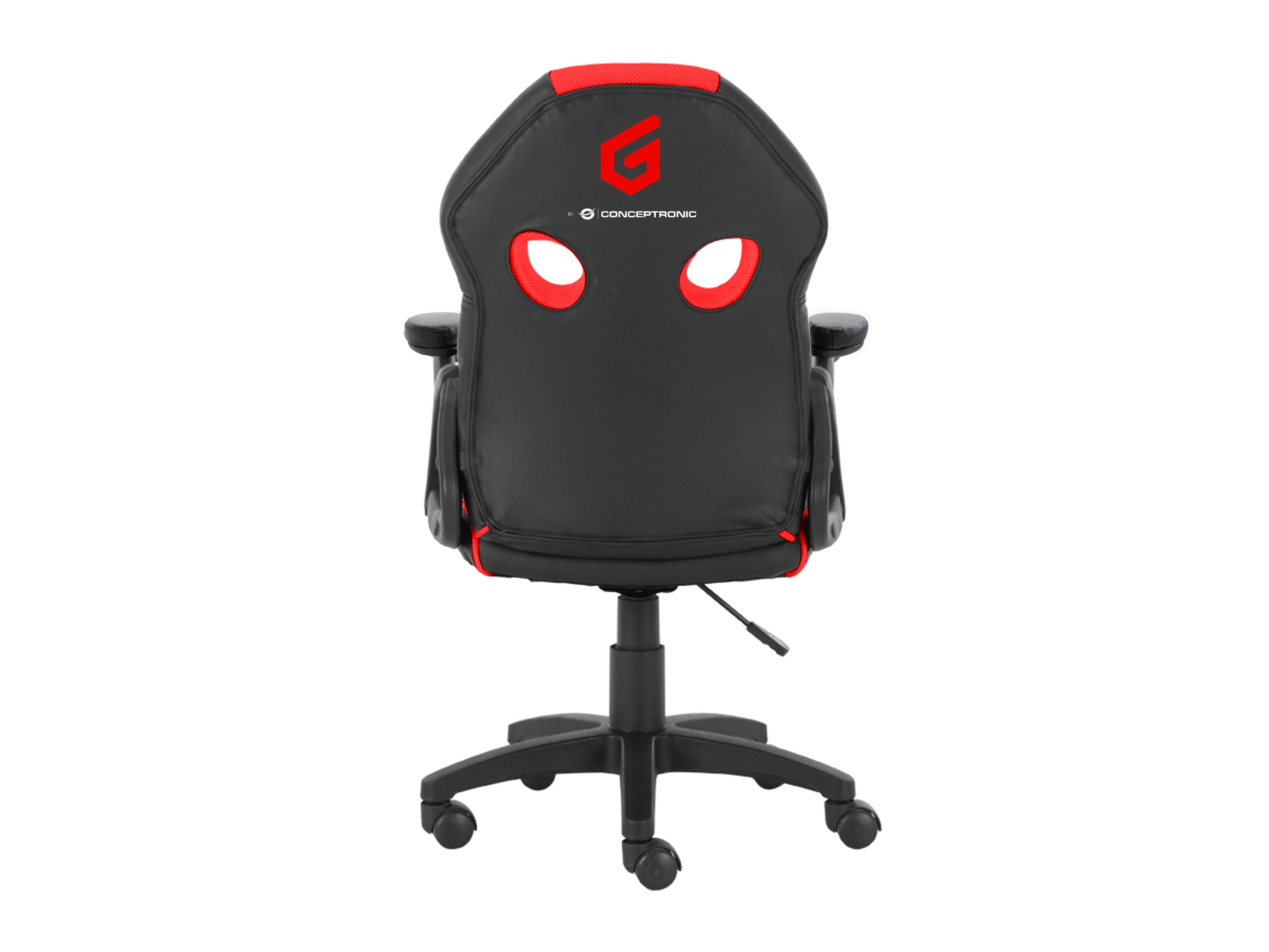 Vista posteriore di sedia da gaming nera con accenti rossi e logo.