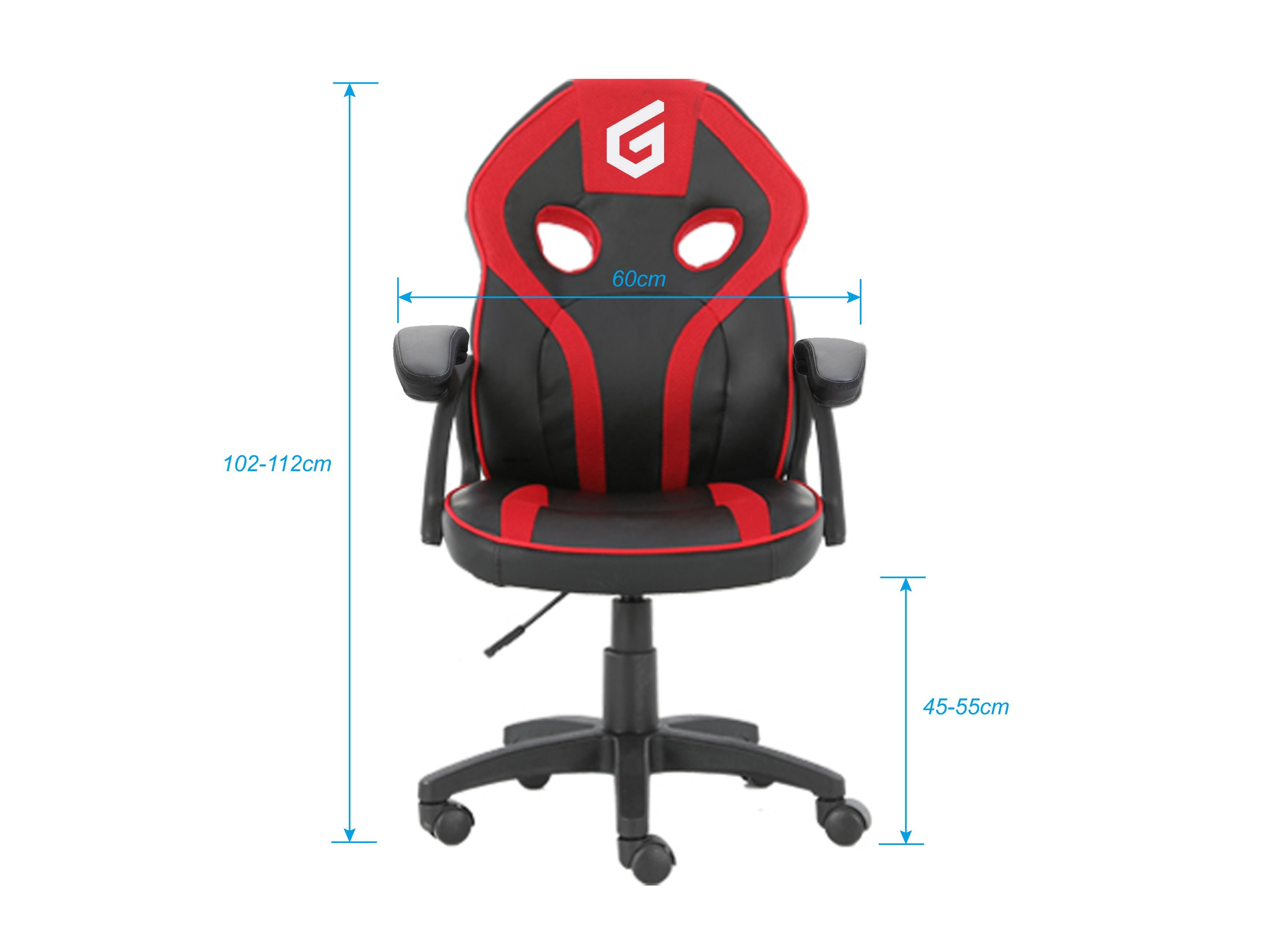 Sedia da gaming nera e rossa con dimensioni: 60cm larghezza, 102-112cm altezza.
