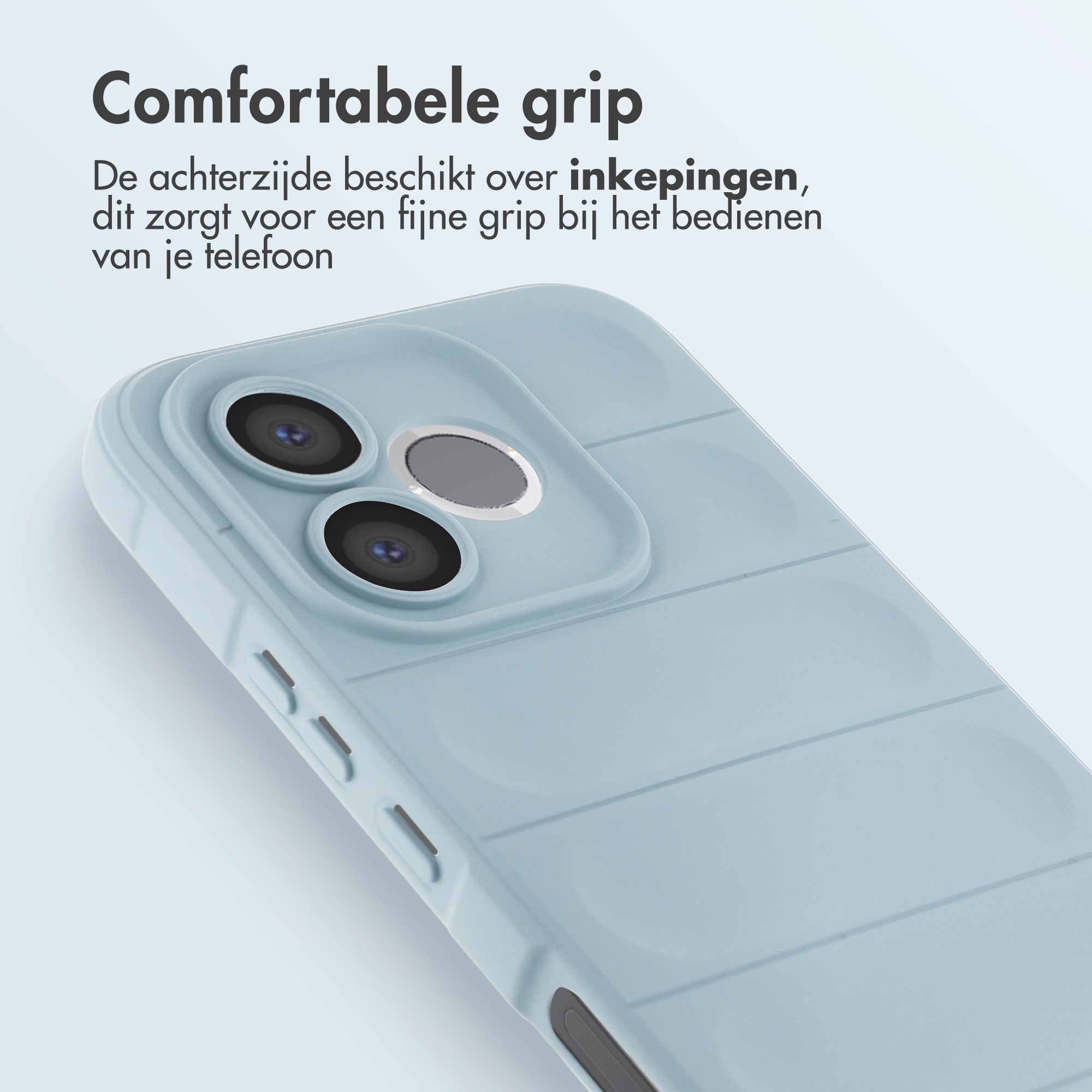 Coque de téléphone bleu clair avec découpe pour appareil photo et texture rainurée.