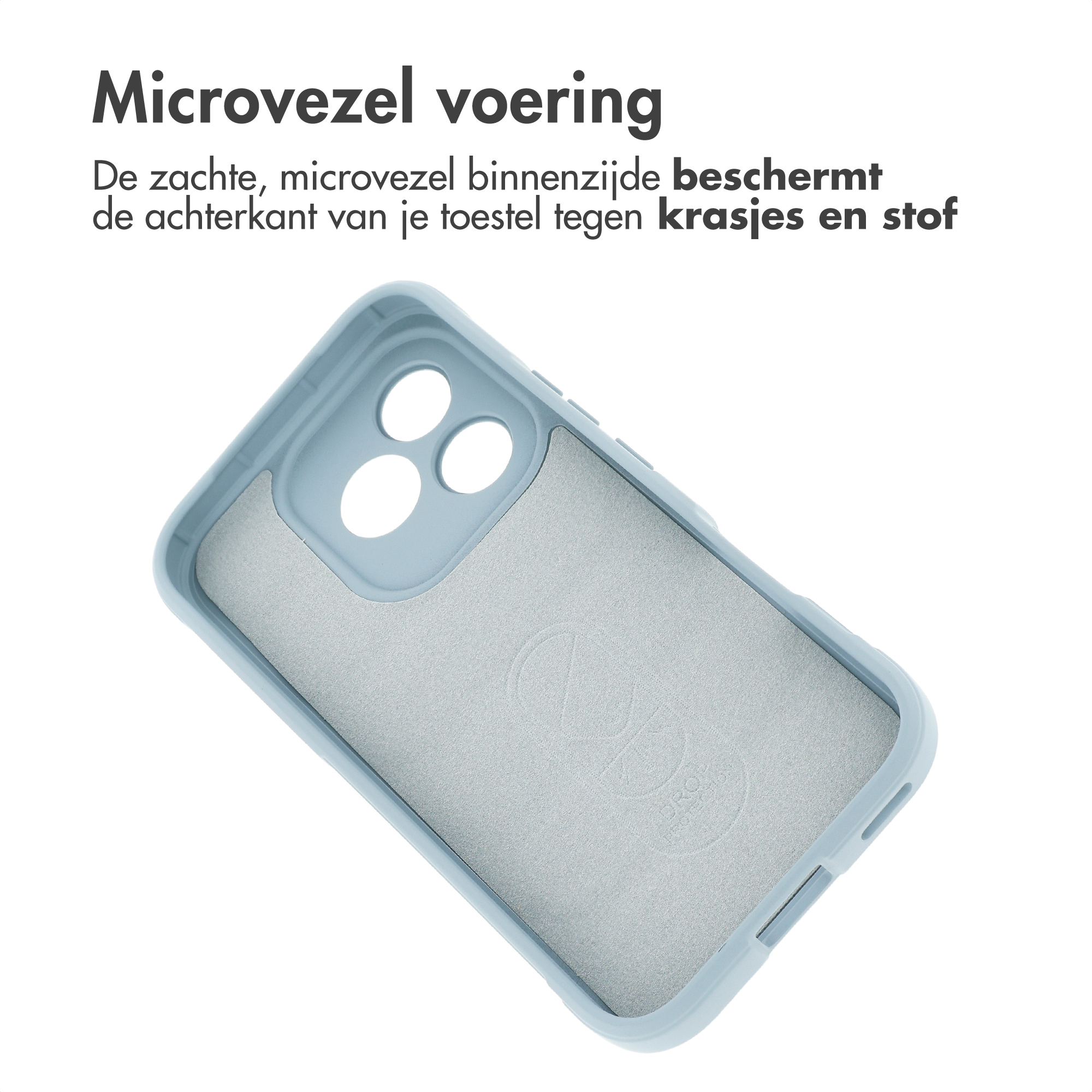 Coque de téléphone bleu clair avec doublure en microfibre à l'intérieur. Vue de dessus.