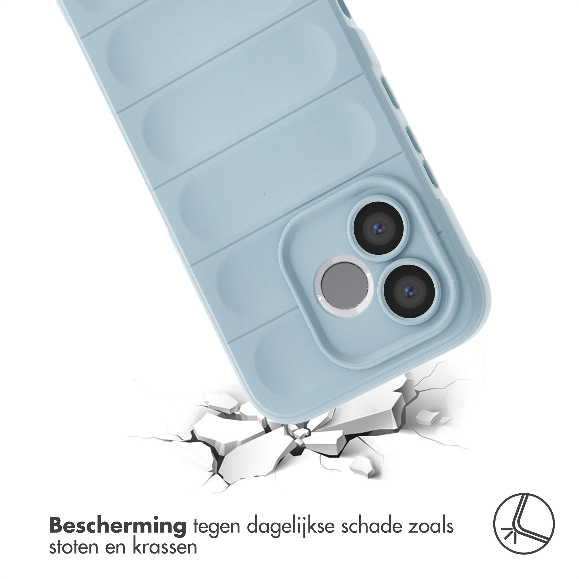Une coque de téléphone bleu clair à nervures tombant sur un matériau brisé.