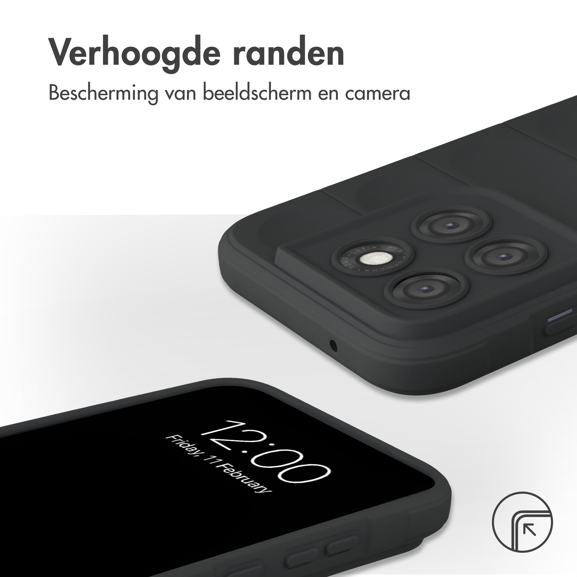 Coque de téléphone noire avec découpe caméra et horloge affichant 12h00.