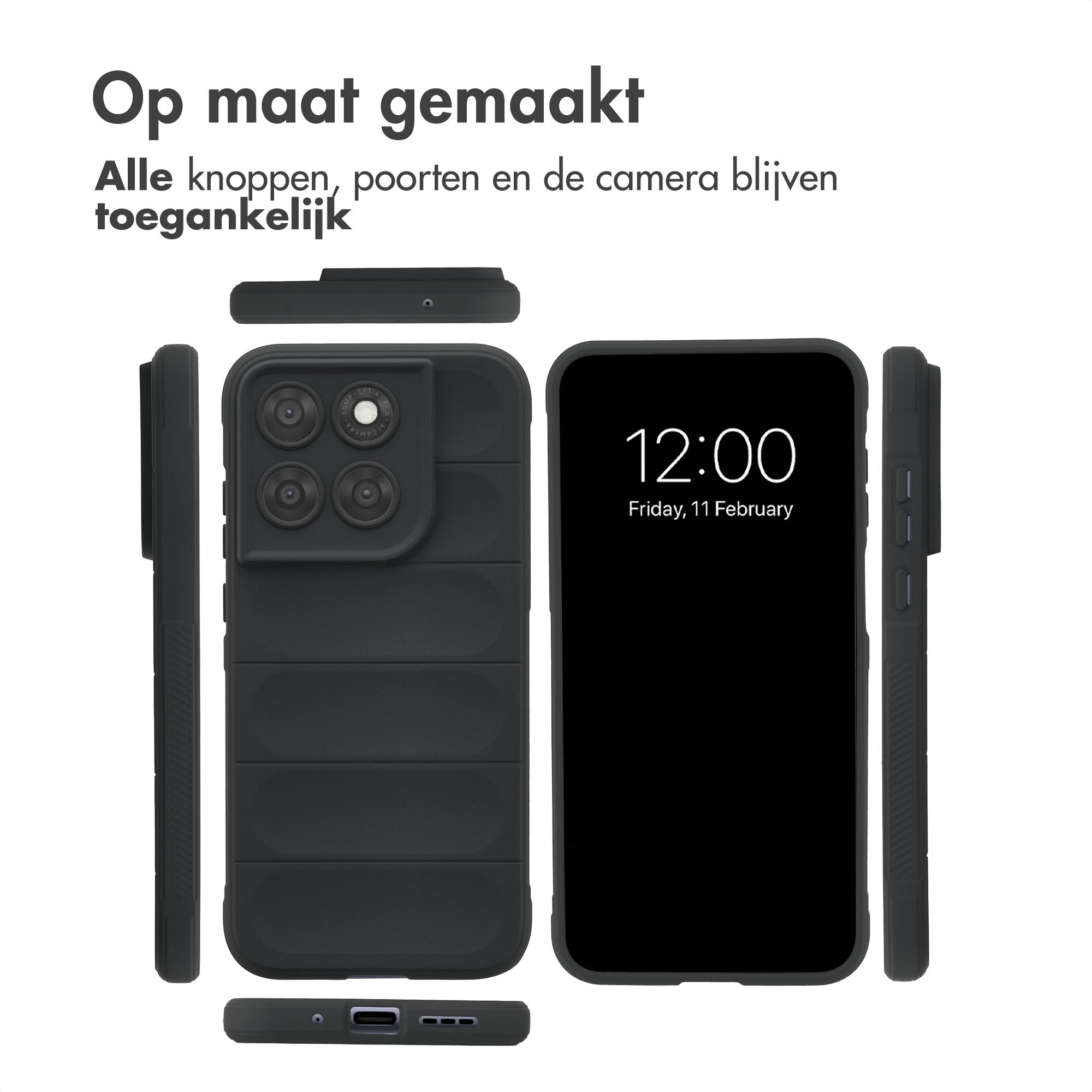 Coque de téléphone noire affiche quatre caméras et une horloge à l'écran.