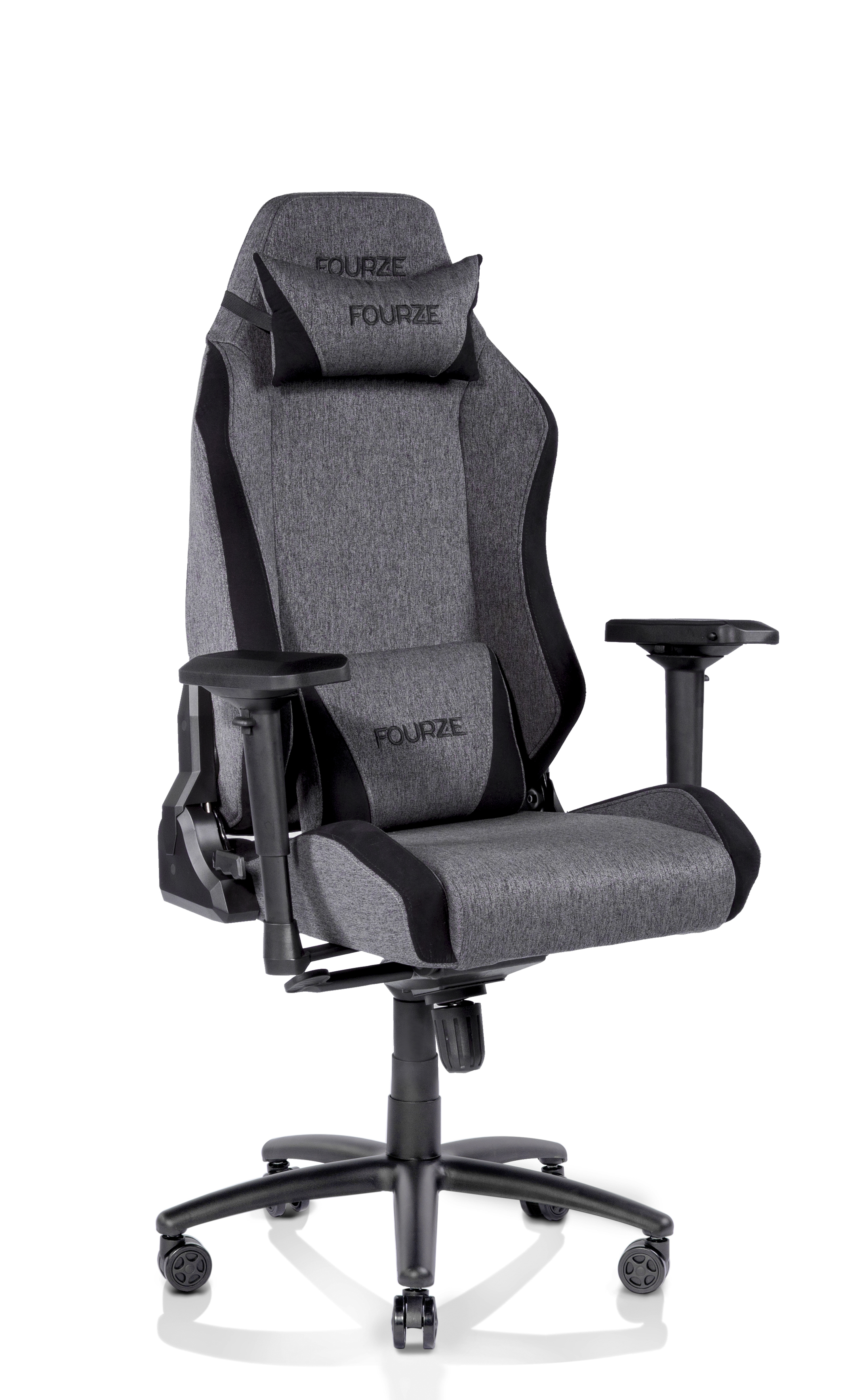 Ein grauer Gaming-Stuhl mit schwarzen Akzenten, zwei Kissen und Rollen.