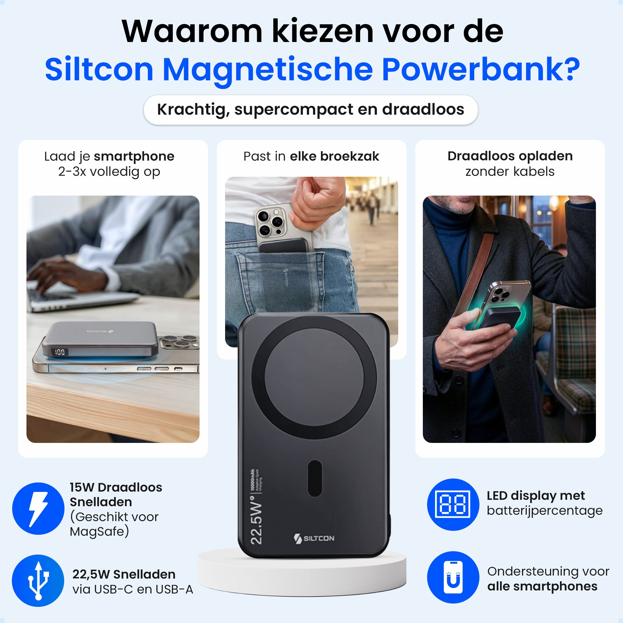Un homme charge sans fil un smartphone avec une banque d'alimentation noire.