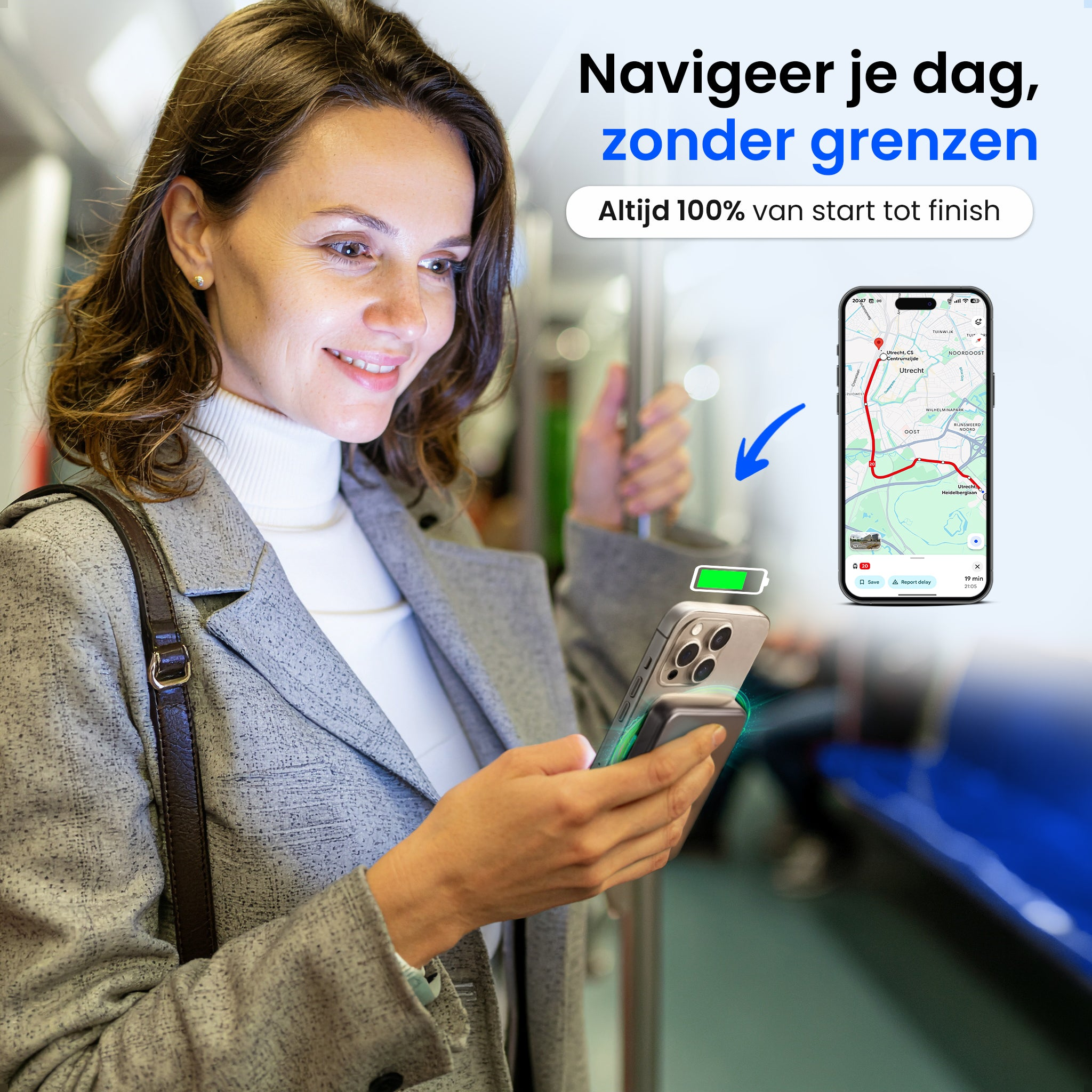 Une femme dans un train utilise son téléphone affichant une app de navigation.