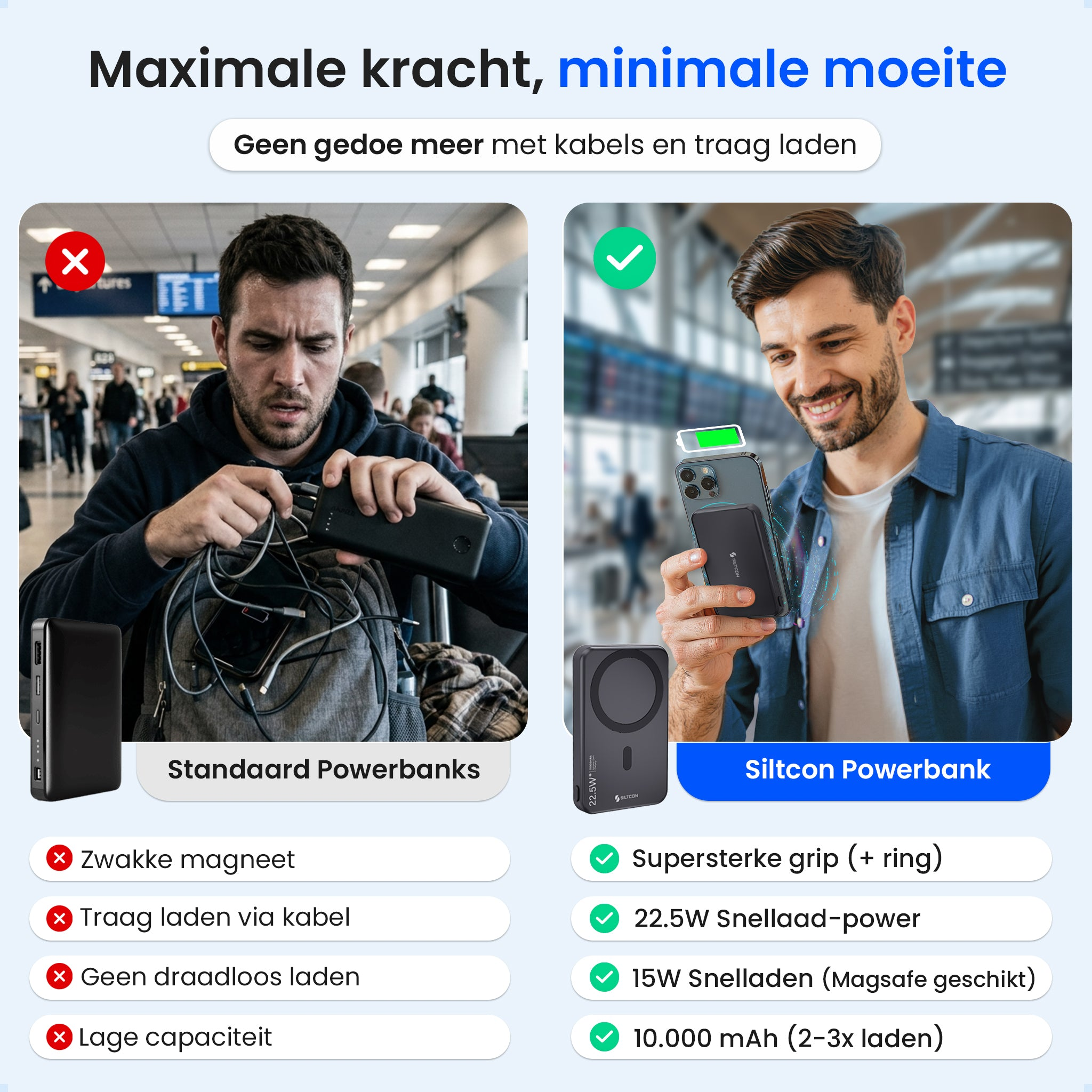 Comparaison des power banks standard et Siltcon avec avantages et inconvénients.