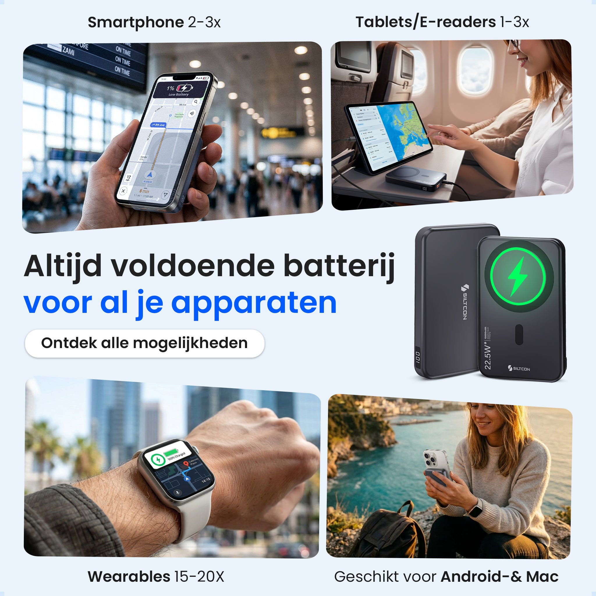 Personne tenant un smartphone avec une application de navigation. Fond : aéroport. À côté : tablette dans une cabine d'avion.