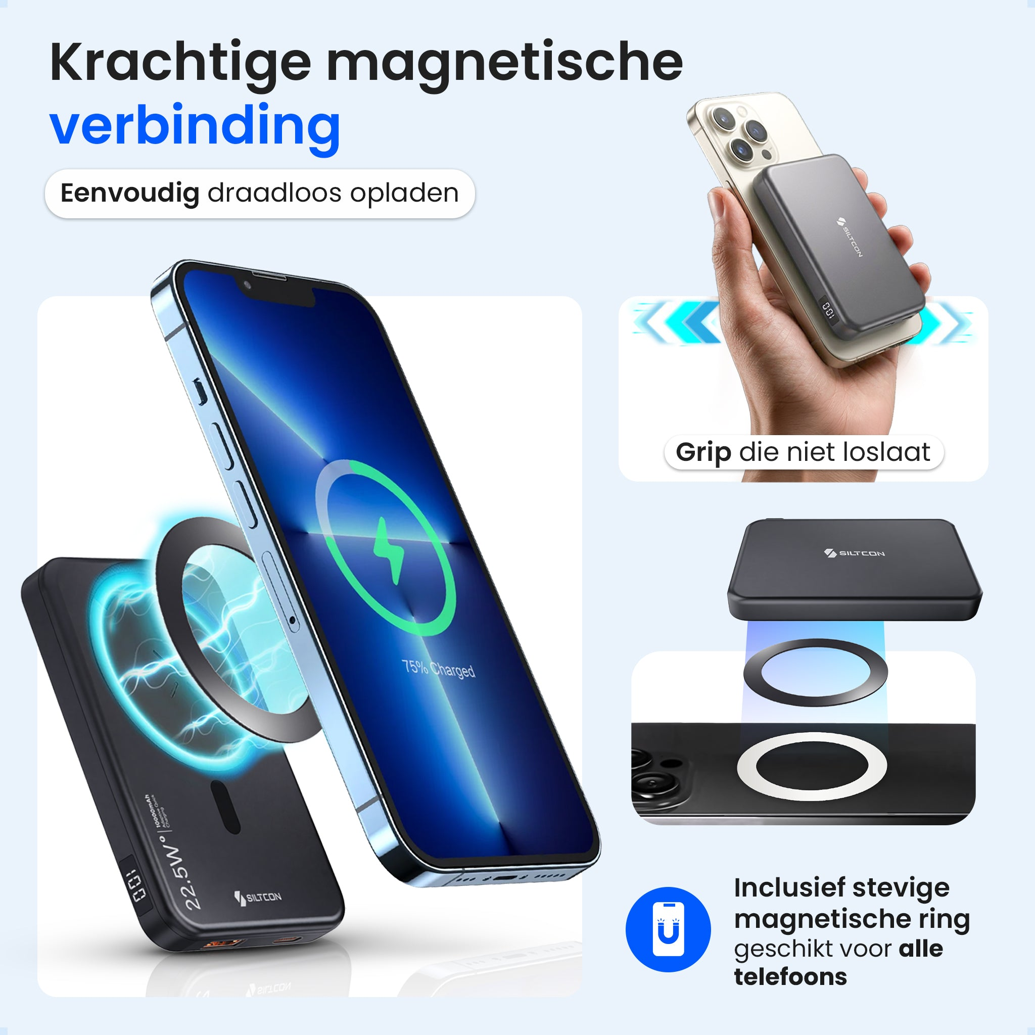 Un iPhone se charge sans fil via un chargeur de banque d'alimentation magnétique noir.