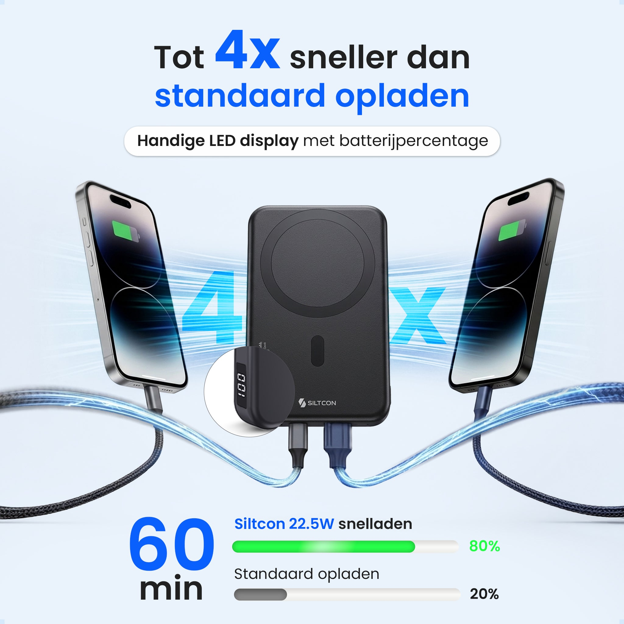 Un chargeur noir avec deux iPhones en charge. La charge rapide est mise en avant.