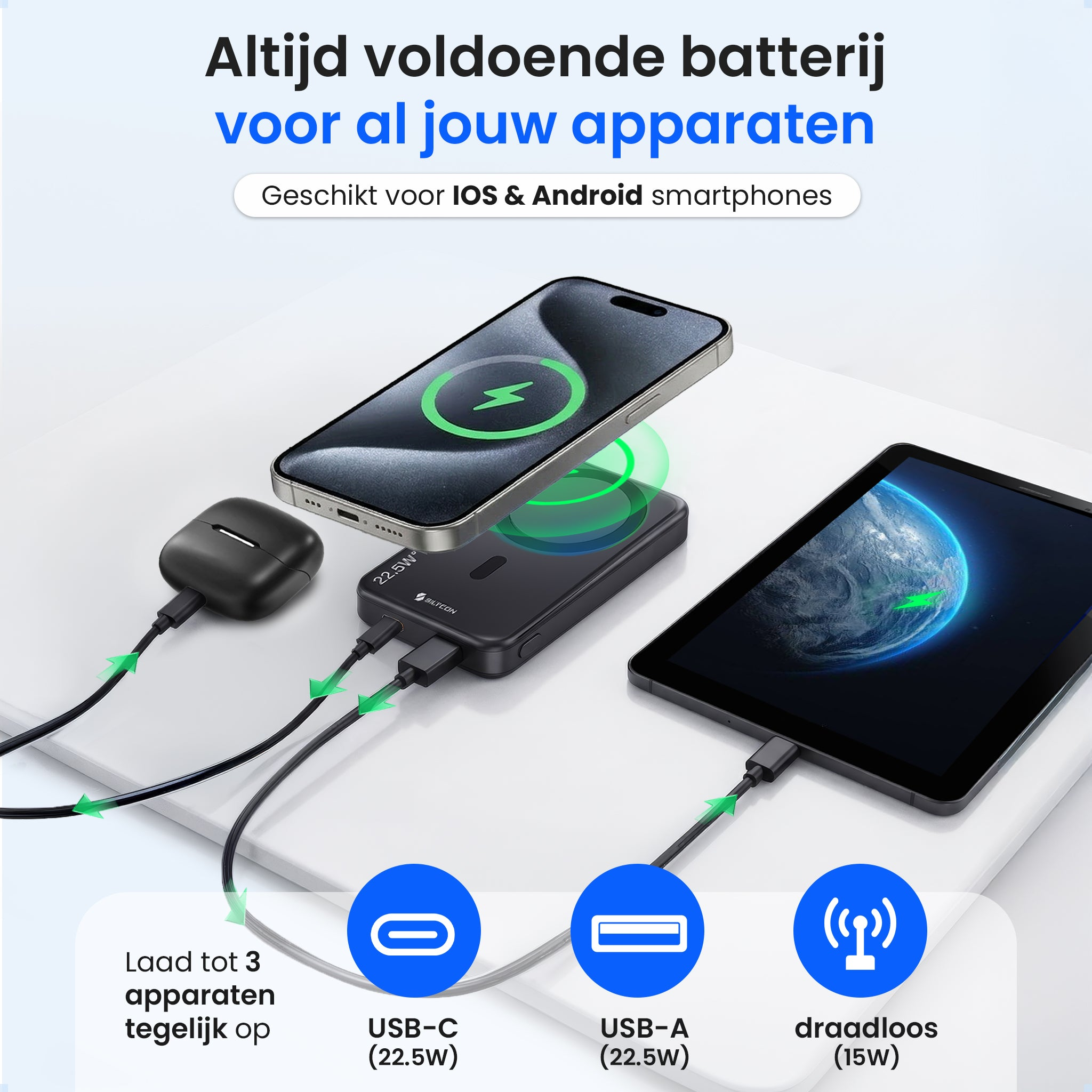 Un chargeur noir alimente simultanément un smartphone, des écouteurs et une tablette.
