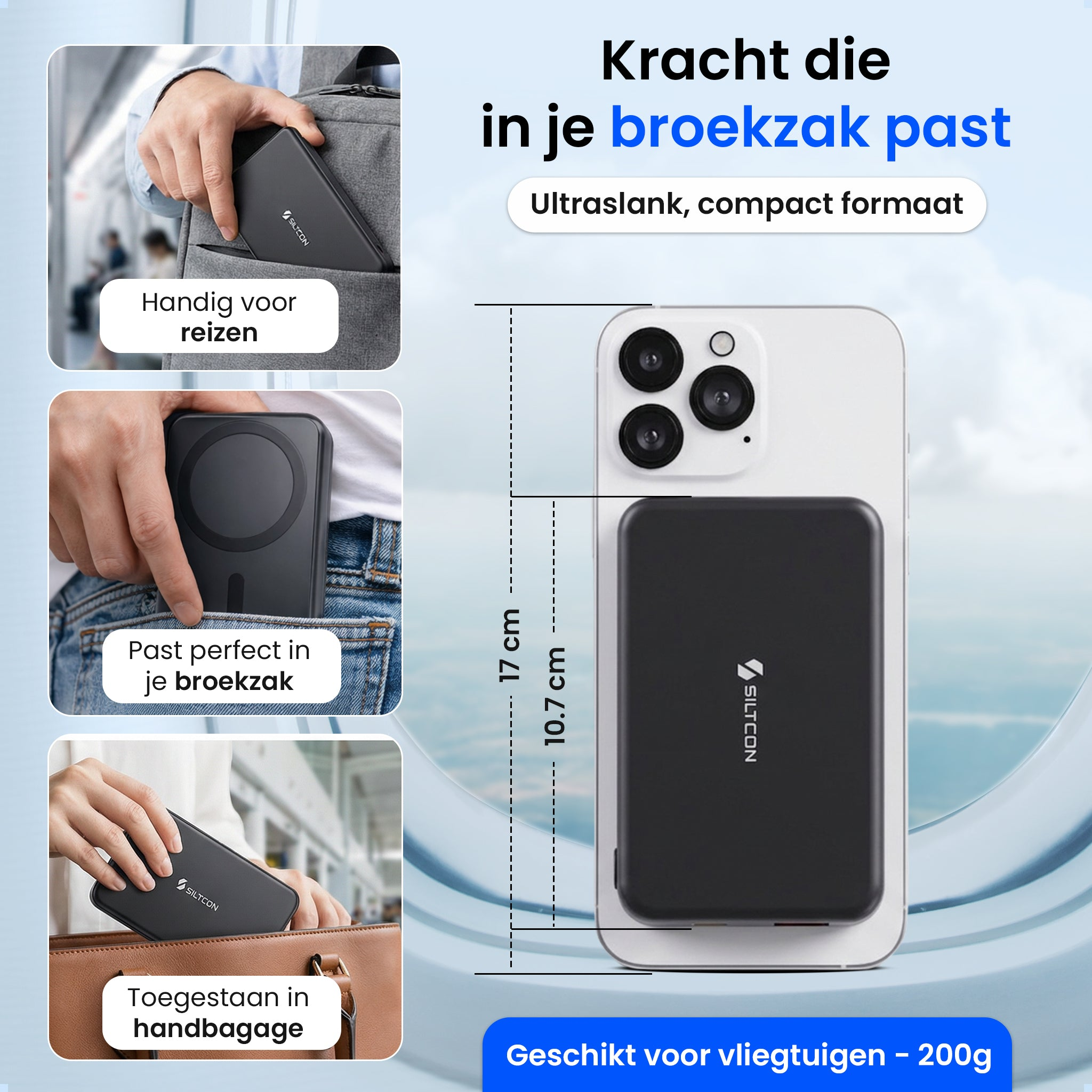 Batterie externe noire à côté d'un smartphone, 10,7 cm de long. Pratique pour voyager.