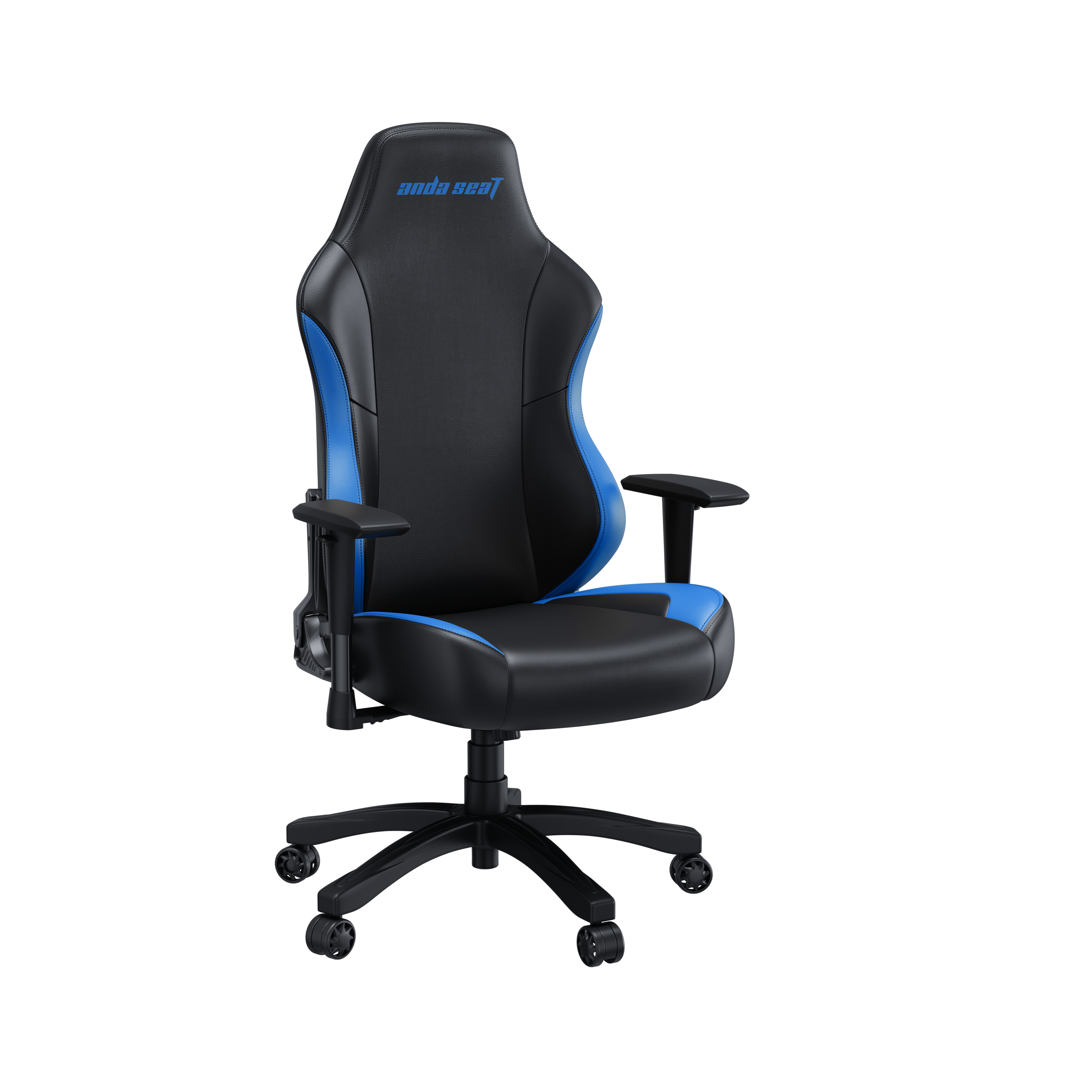 Una sedia da gaming nera con accenti blu e logo Anda SeaT.