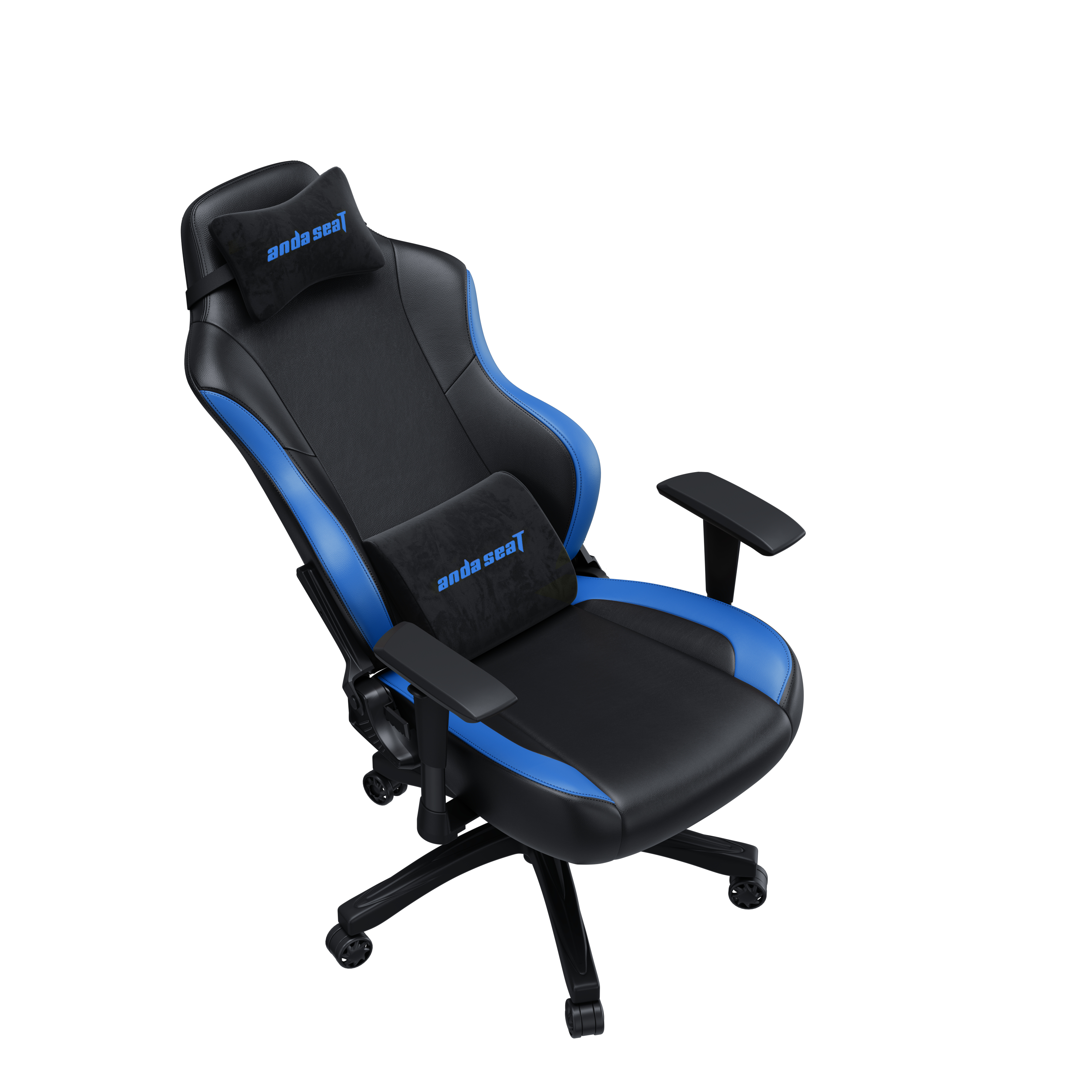 Sedia da gaming nera con accenti blu e cuscino poggiatesta.