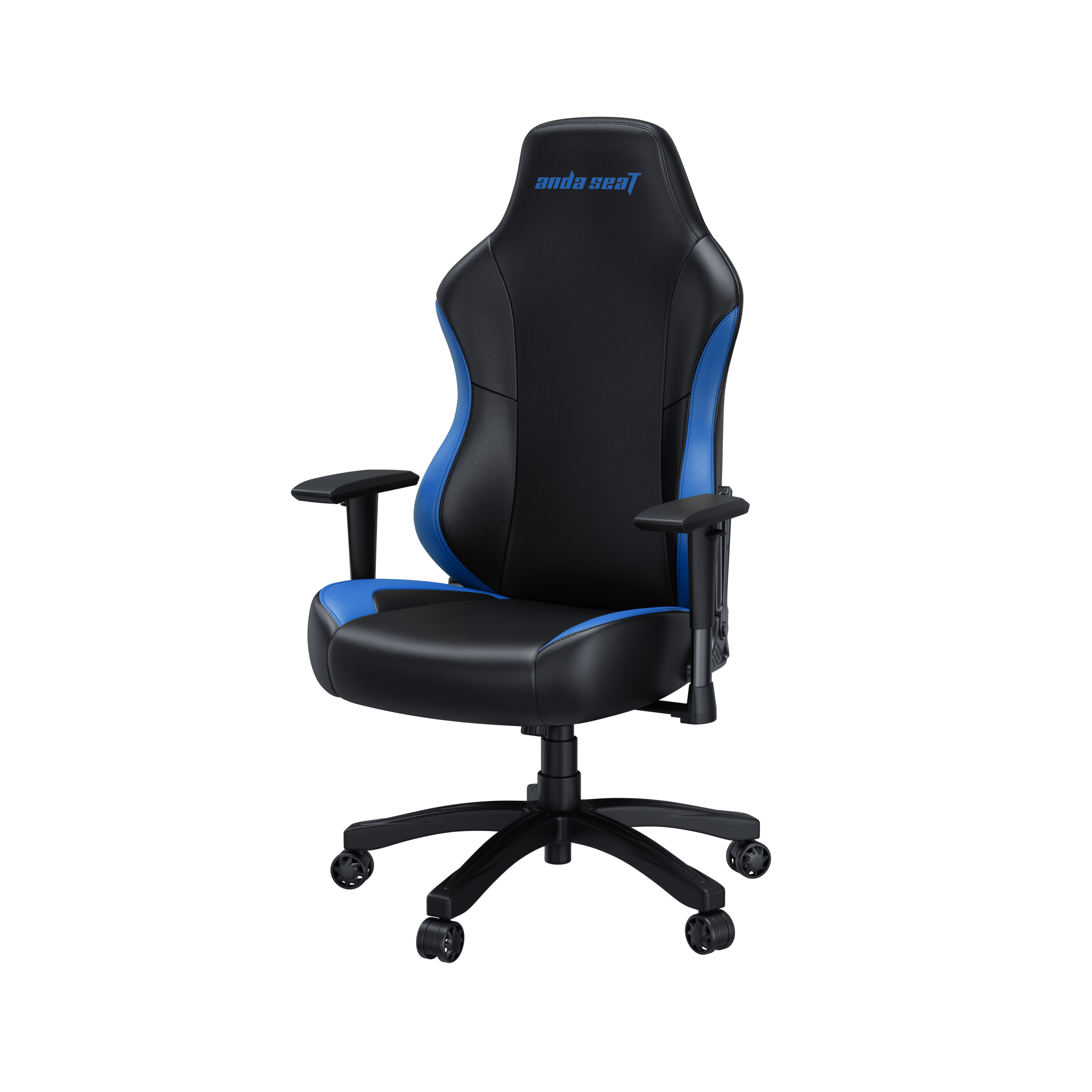 Una sedia da gaming nera con accenti blu e logo Anda Seat.