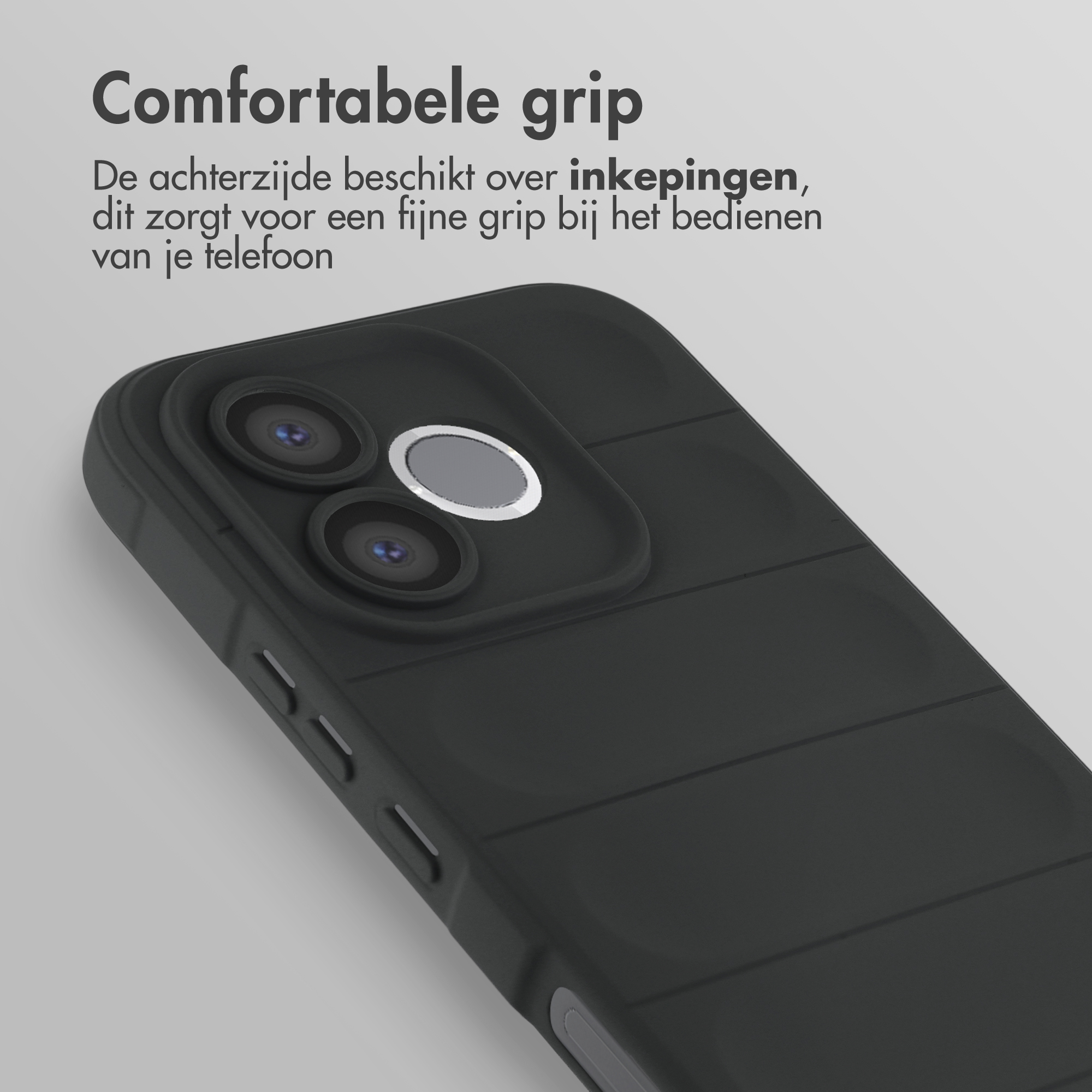 Zwarte telefoonhoes met cameragat achter en ribbels voor betere grip.