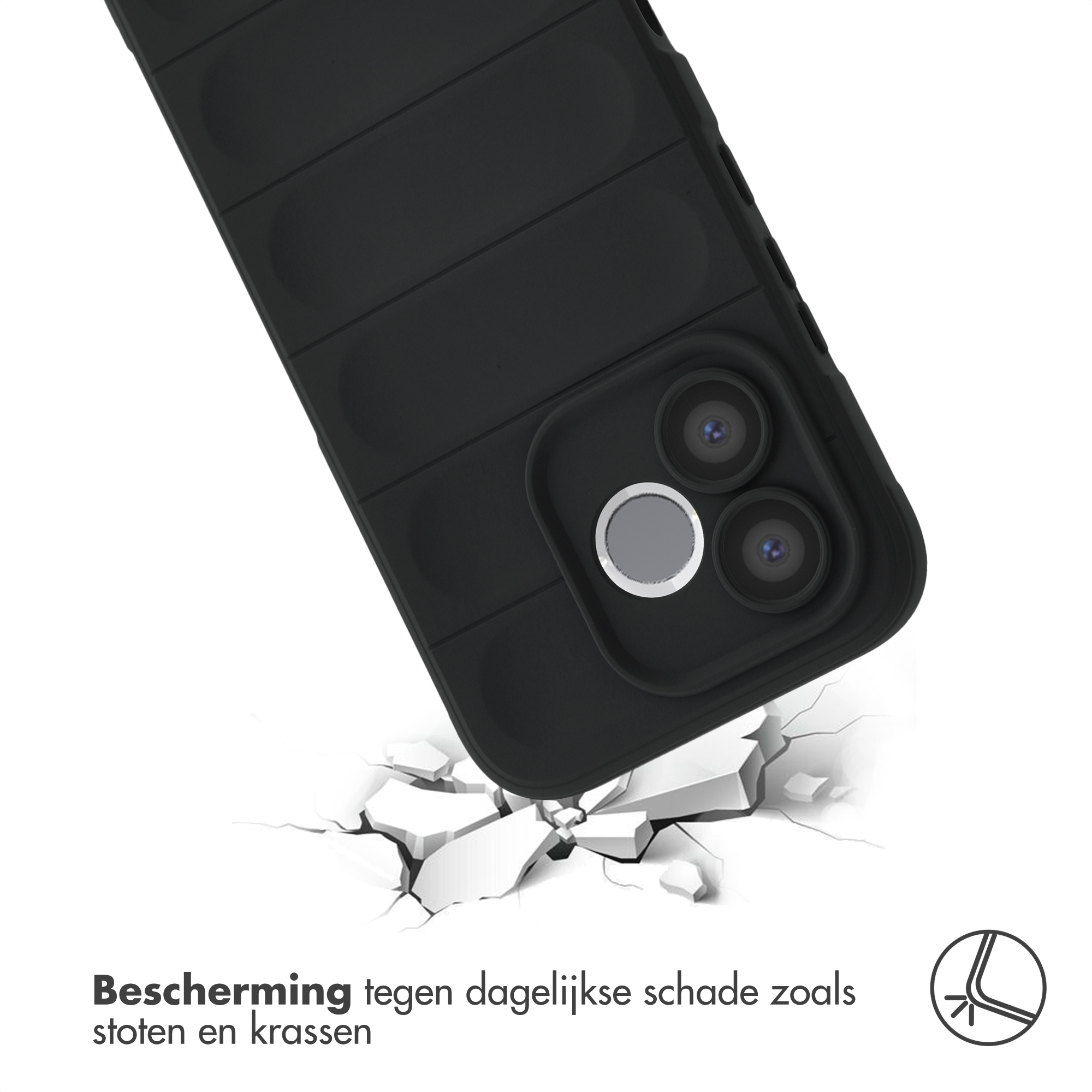Zwarte telefoonhoes met camerauitsparing op gebroken ondergrond.