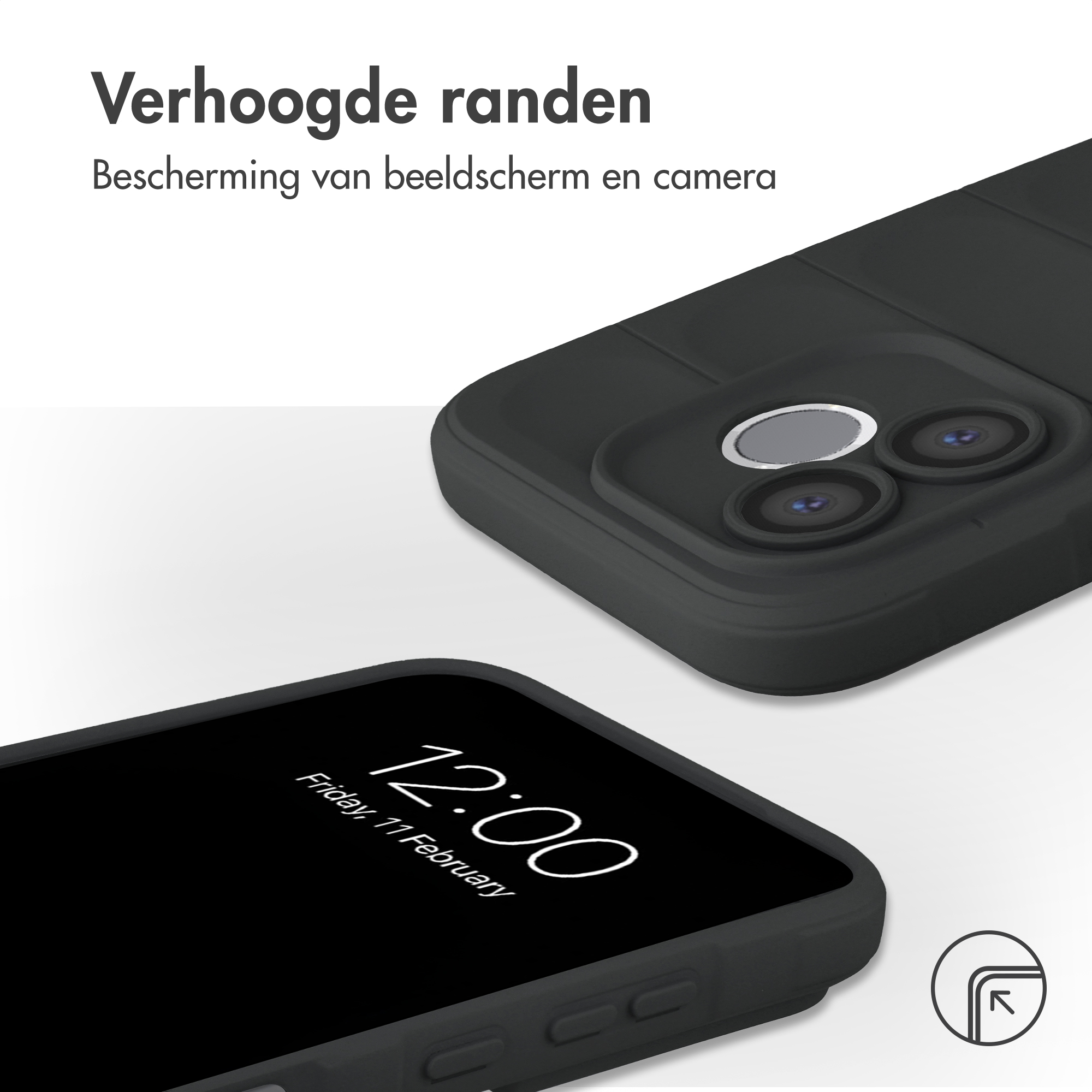 Zwarte telefoon met cameramodule en tijd op scherm. Verhoogde randen.