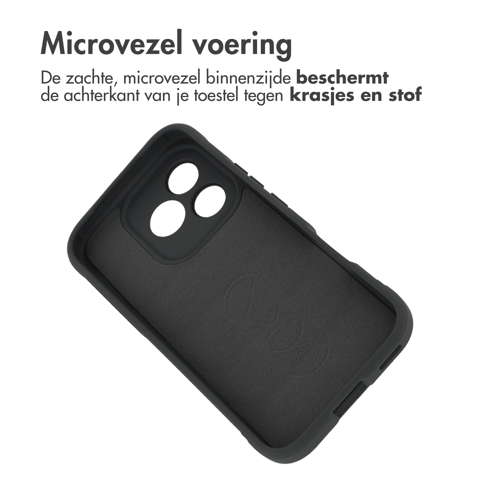 Zwarte telefoonhoes met zachte microvezel voering en cameragaten.