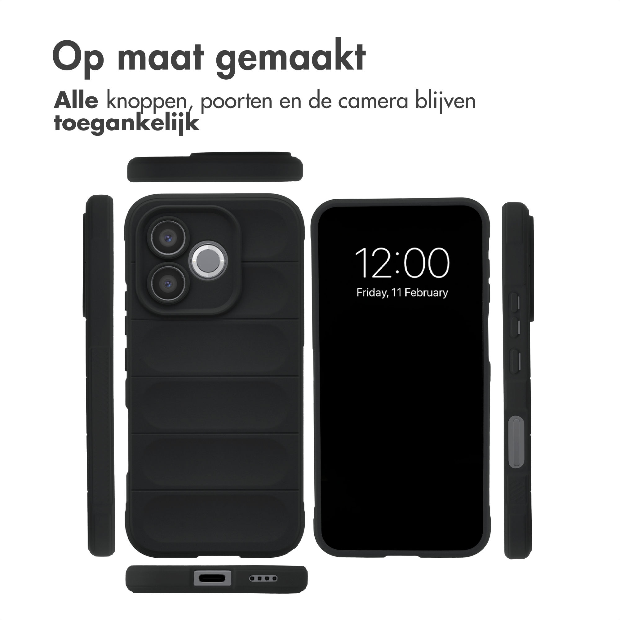 Een zwarte iPhone met hoesje, van meerdere kanten en een close-up van de camera.