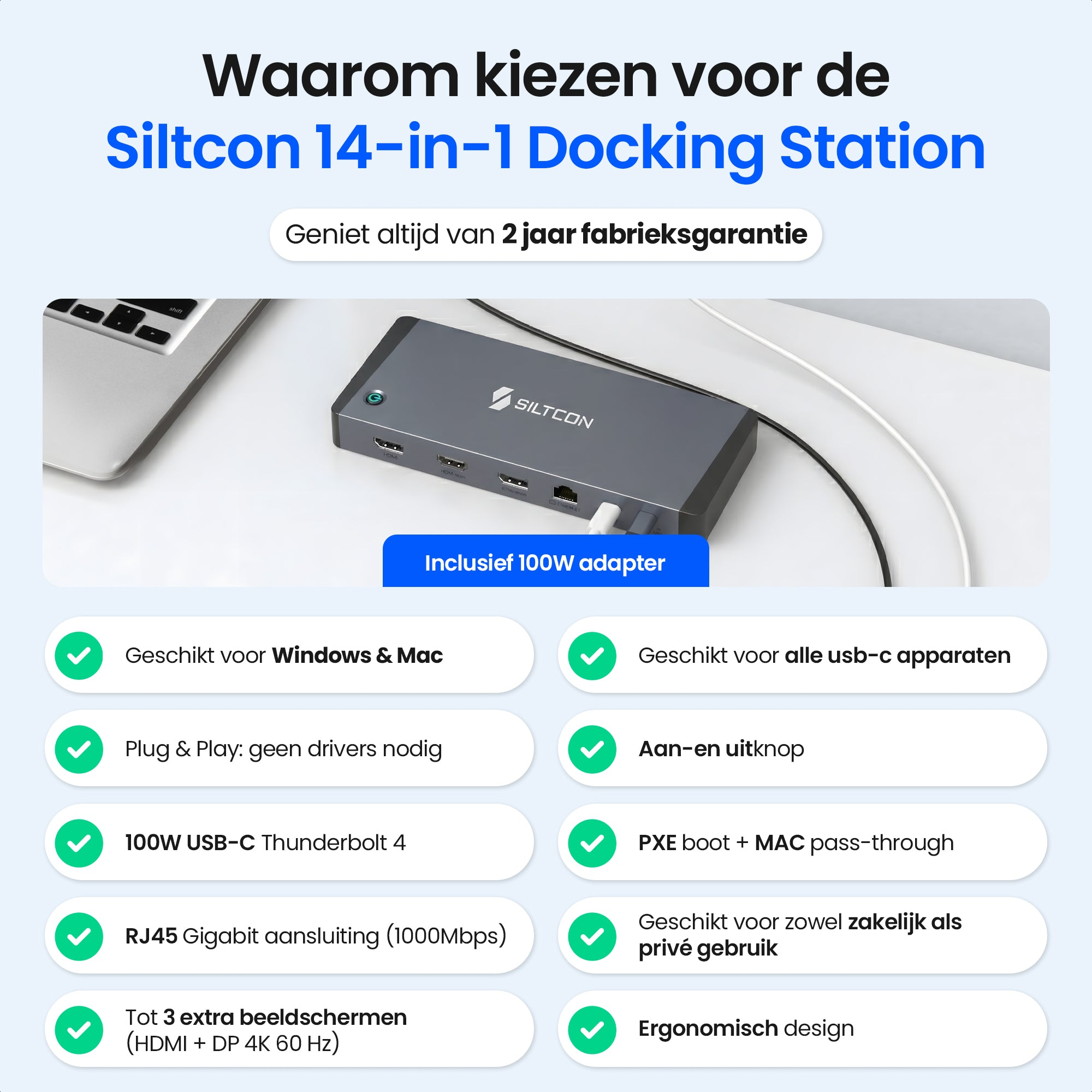 Station d'accueil Siltcon 14-en-1 avec adaptateur 100W, pour Windows/Mac, USB-C, RJ45, 3 écrans.
