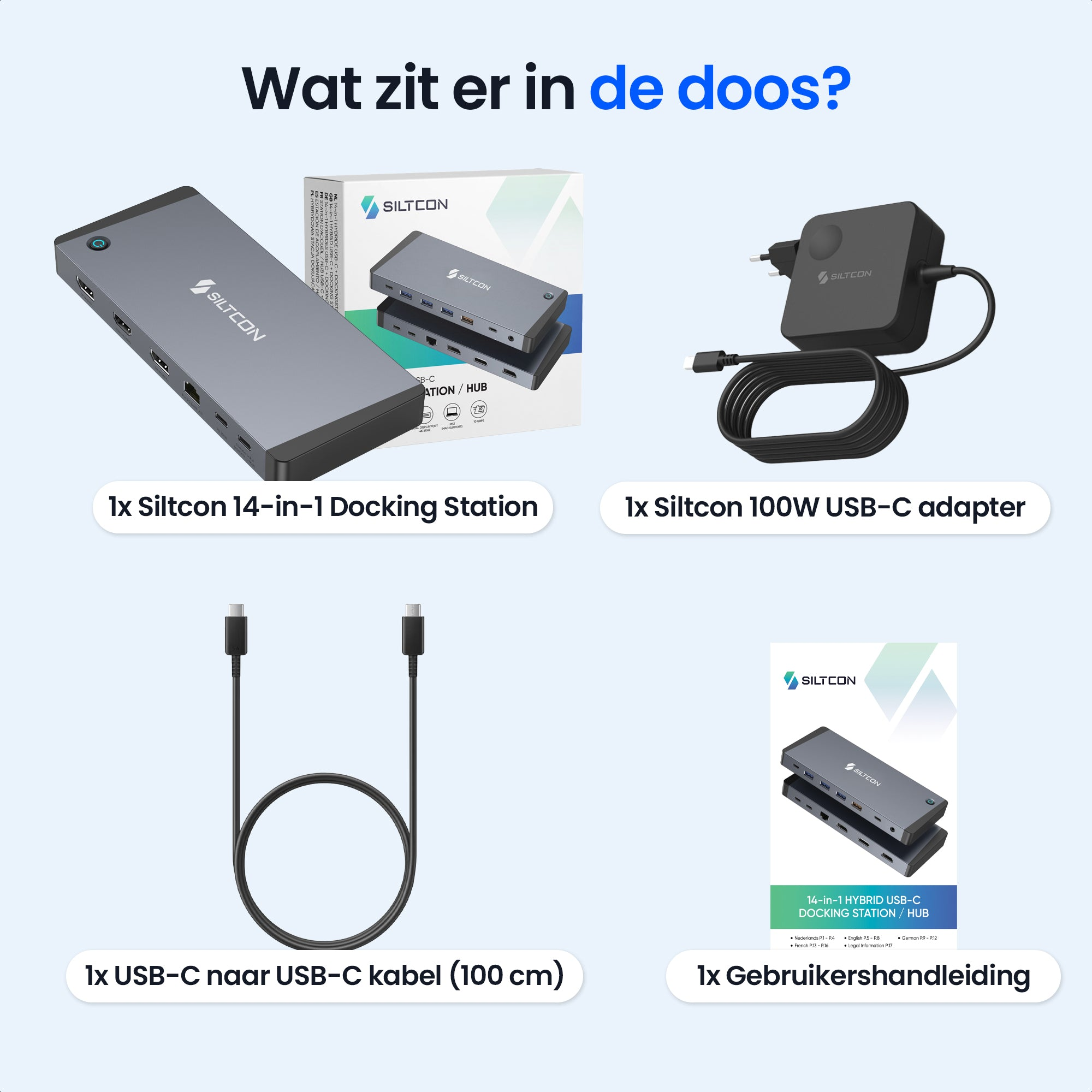 Station d'accueil Siltcon 14-en-1 grise, adaptateur USB-C 100W, câble USB-C, manuel.