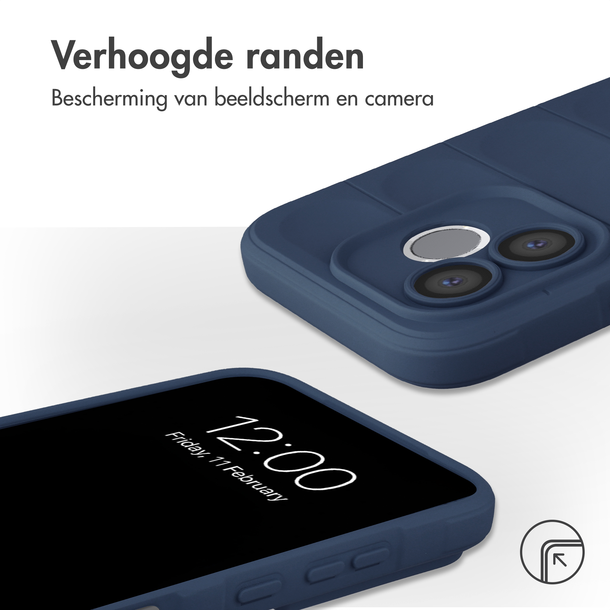 Coque de téléphone bleu foncé à bords surélevés montre caméra et écran.