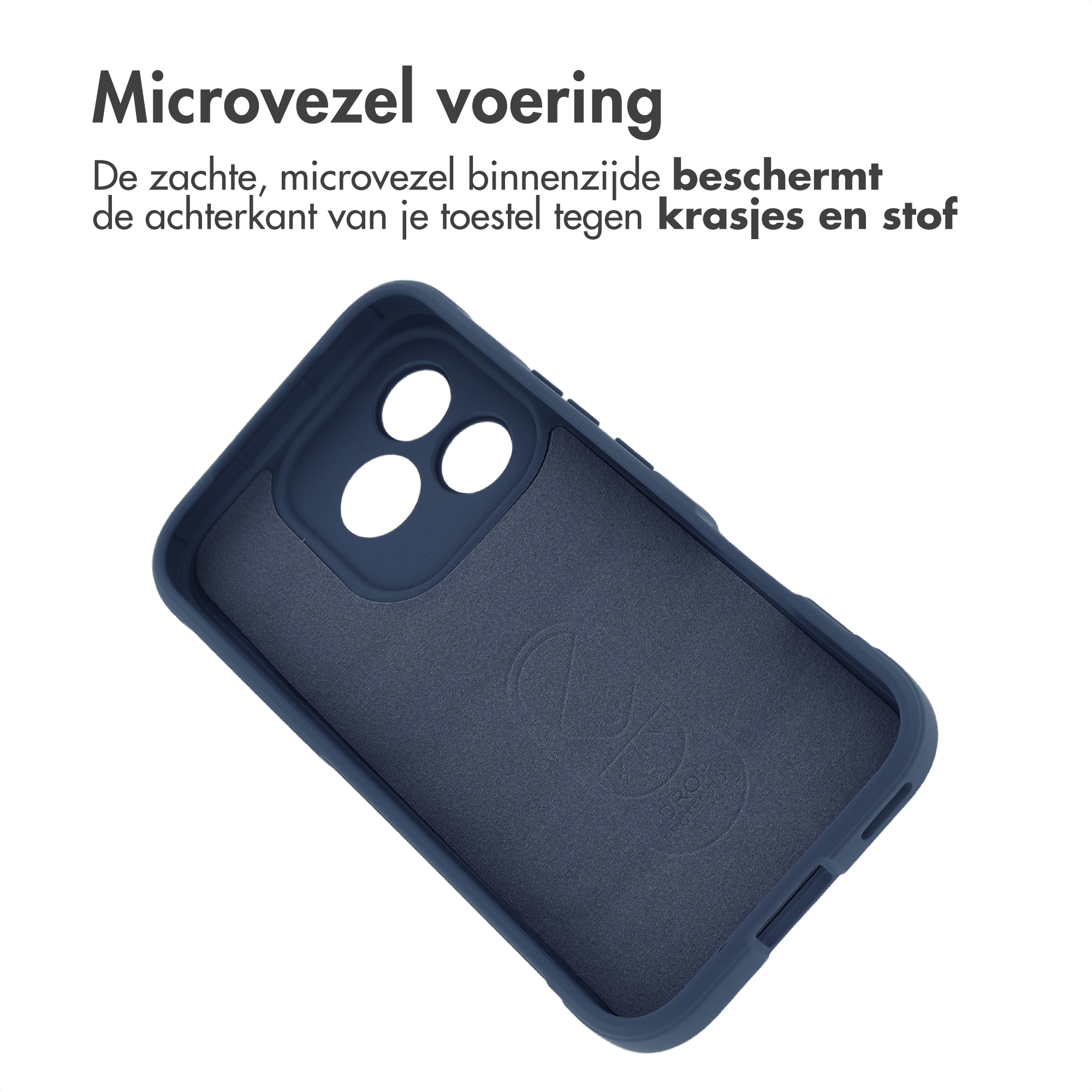 Coque de téléphone bleu foncé avec doublure en microfibre et découpes pour appareil photo.