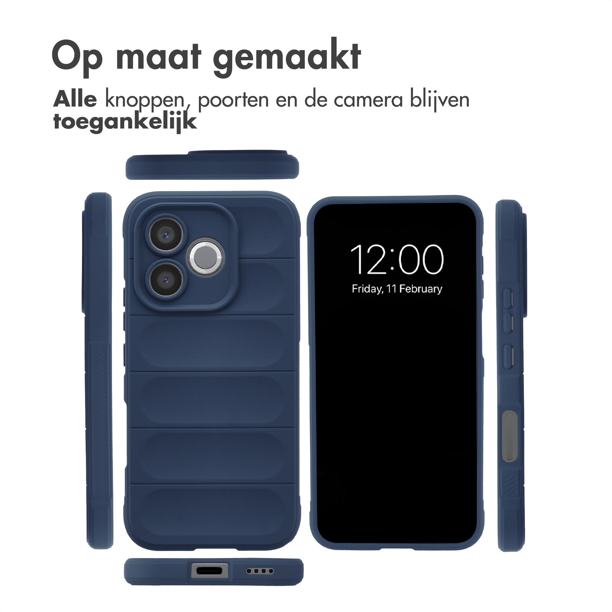 Une coque de téléphone bleu foncé texturée, avec découpe caméra. L'écran affiche 12:00.