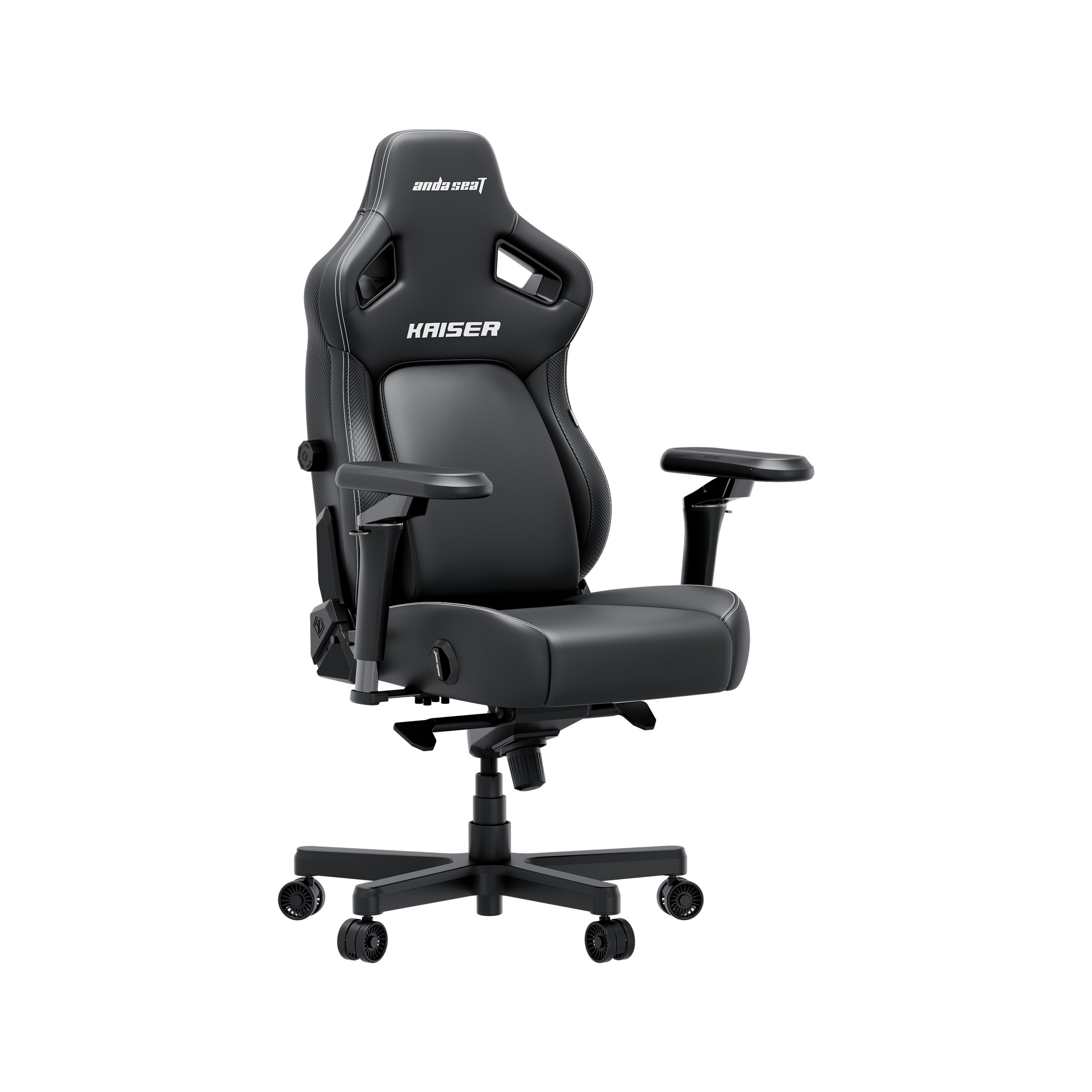 Sedia da gaming nera con marchio "KAISER" e "andasEaT".