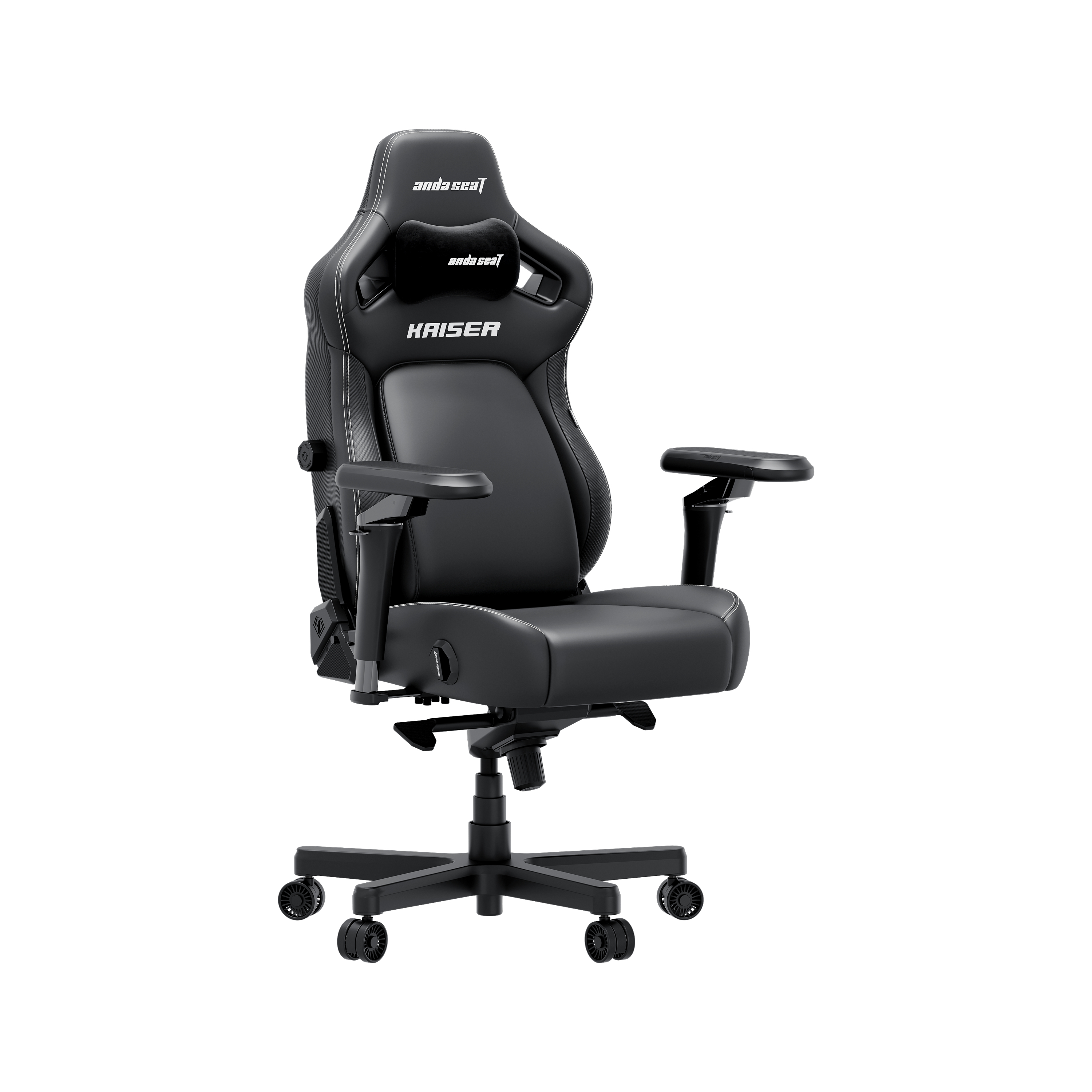 Sedia da gaming nera con cuciture bianche e poggiatesta. Marca: AndaSeat Kaiser.