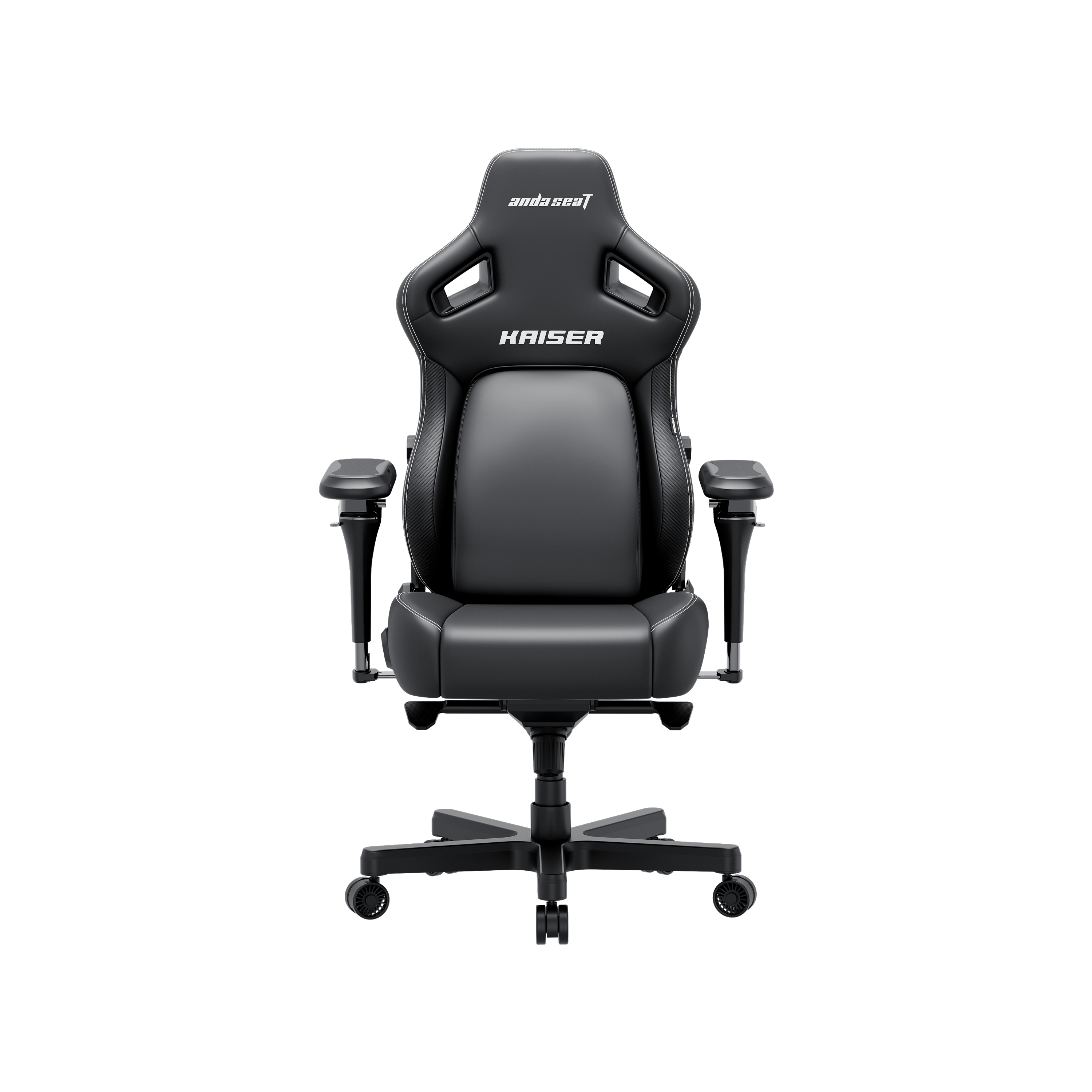 Una sedia da gaming nera con cuciture bianche e logo "KAISER".