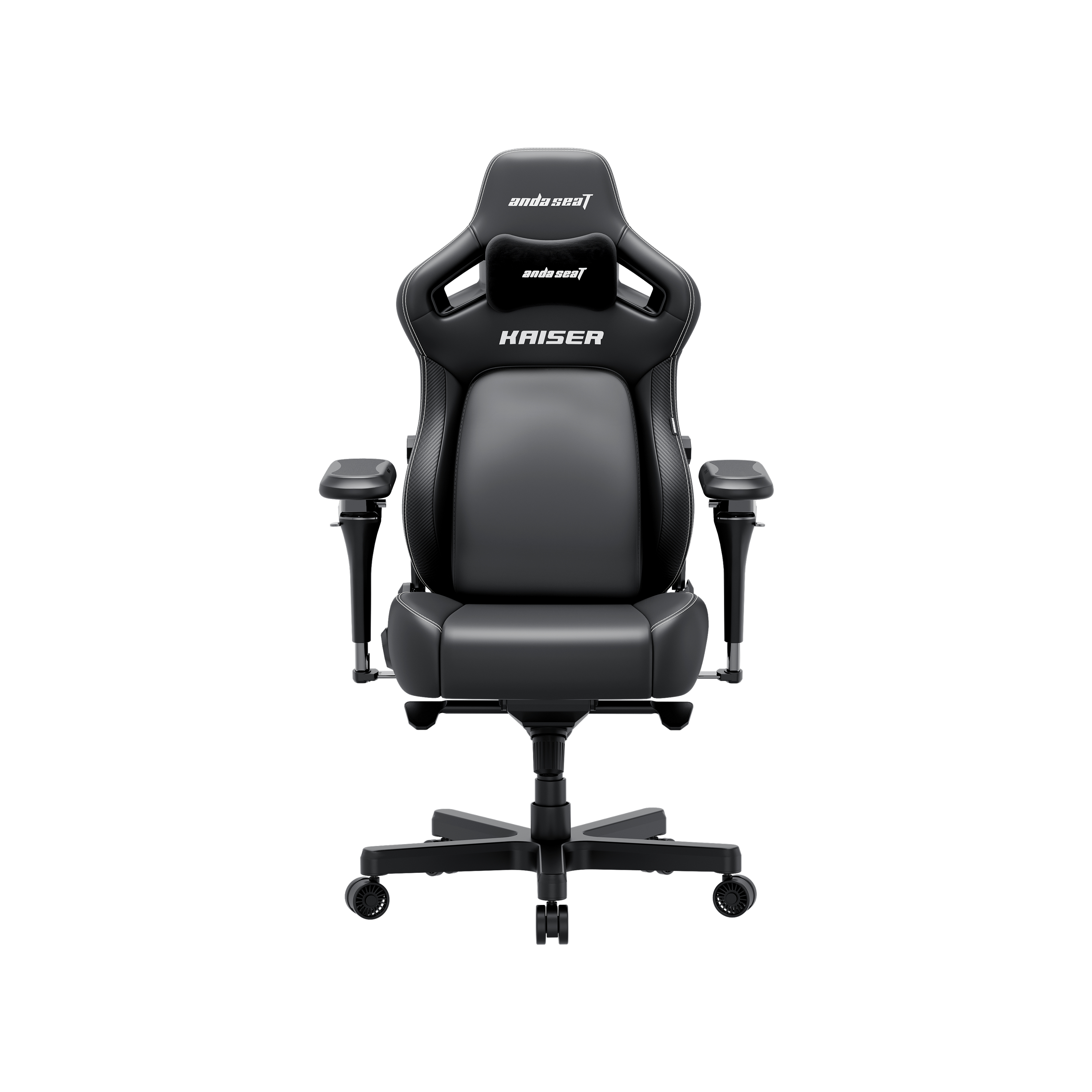 Una sedia da gaming nera con cuciture bianche e la scritta KAISER.