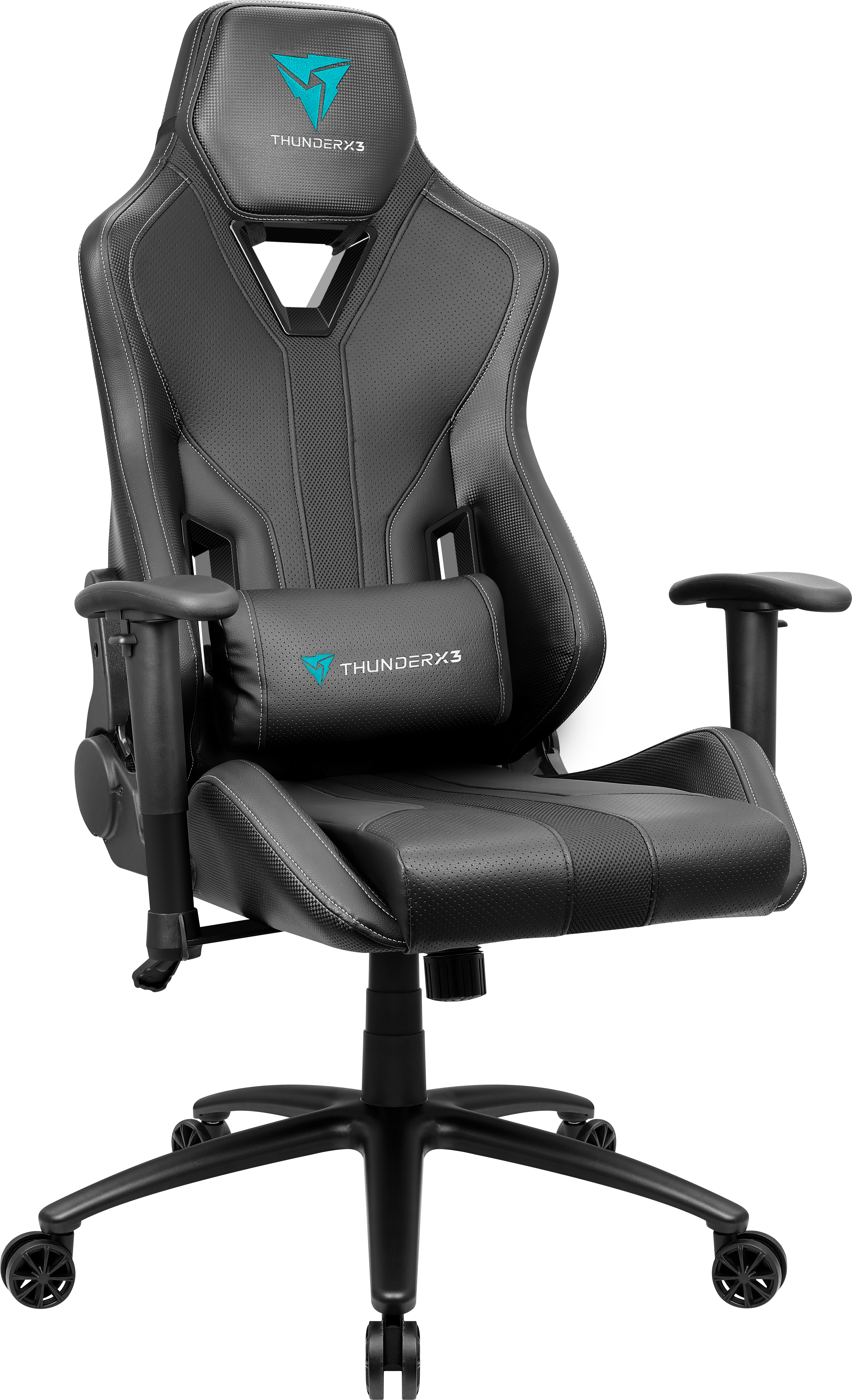 Schwarzer Gaming-Stuhl mit Nackenstütze und THUNDERX3-Logo.