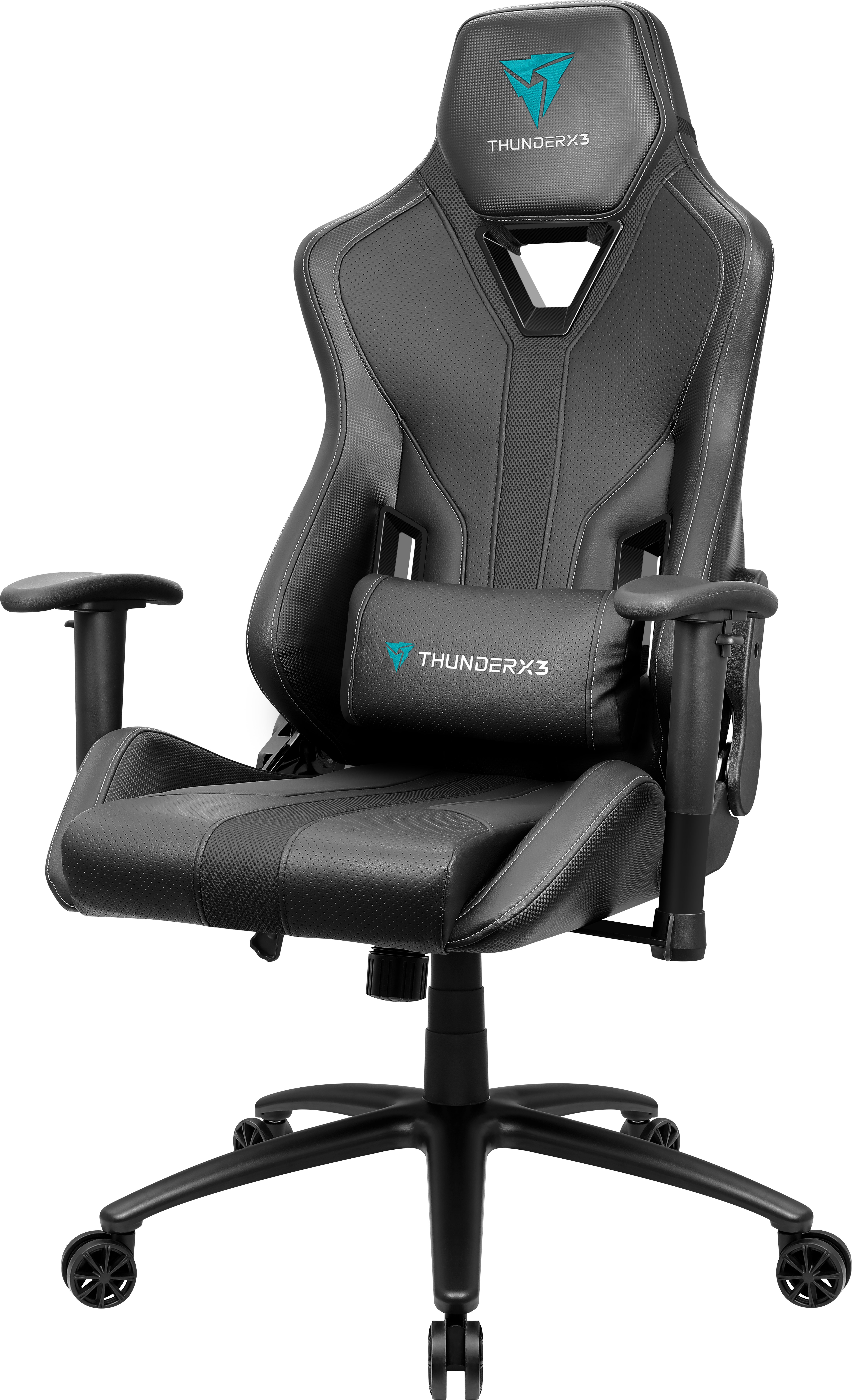 Schwarzer Gaming-Stuhl mit Lendenkissen und Kopfstütze, Logo auf der Vorderseite.