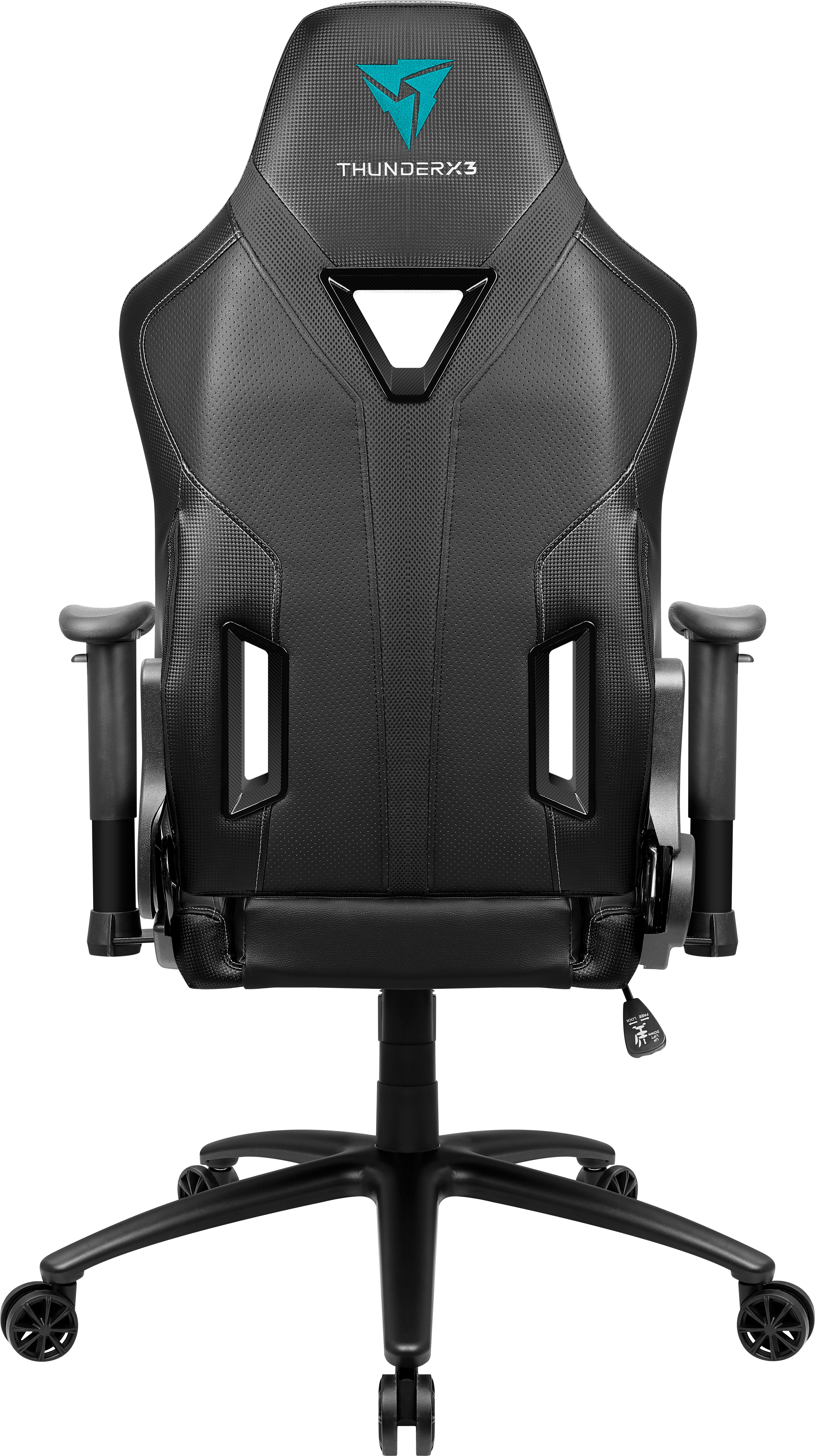 Schwarzer Gaming-Stuhl mit verstellbaren Armlehnen und Rollen. Logo oben.