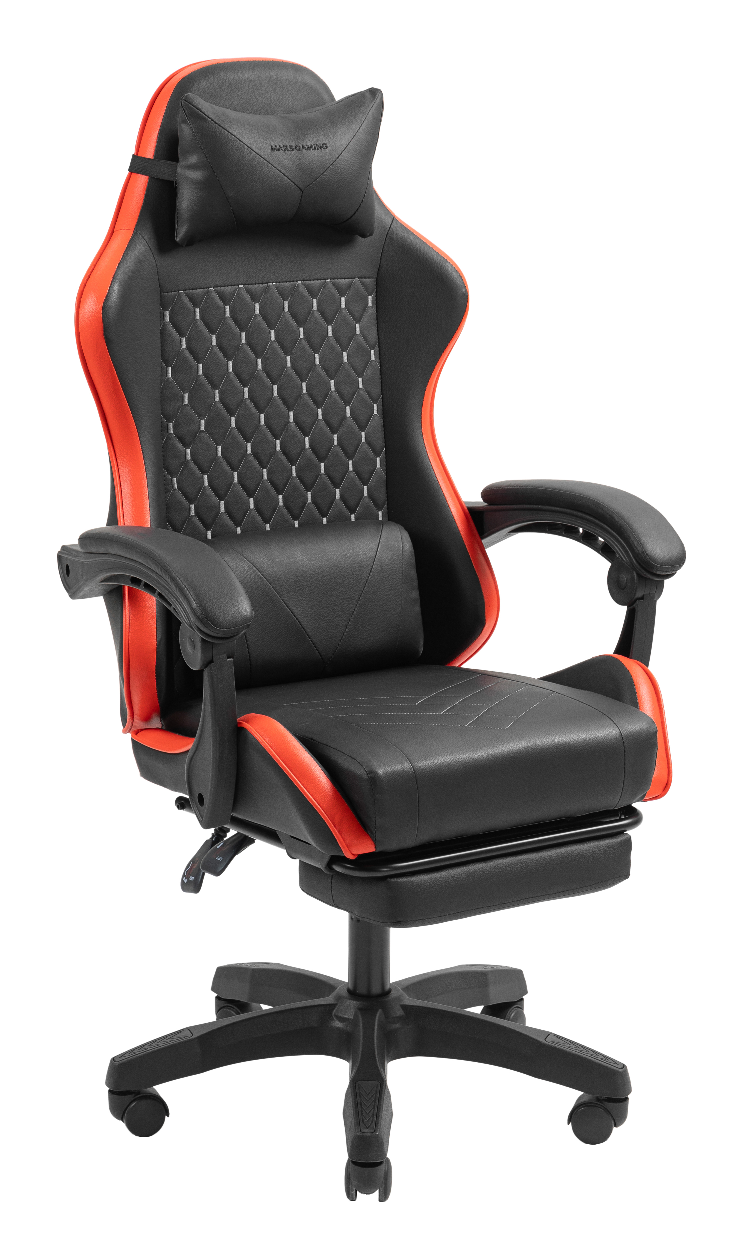 Silla gamer negra con detalles naranjas, reposacabezas y reposapiés extraíble.