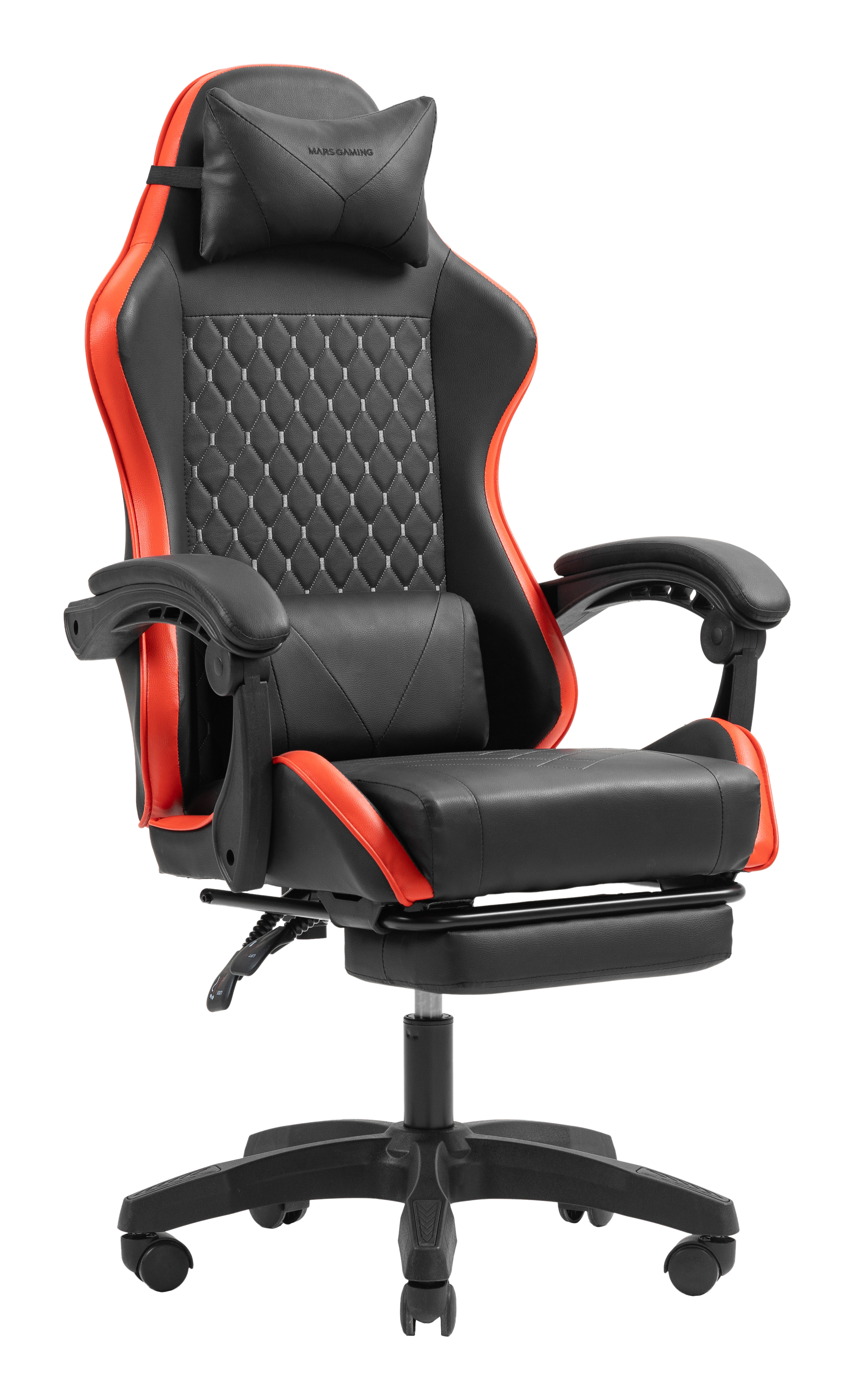Silla gamer negra con detalles rojos, reposacabezas y cojín lumbar.