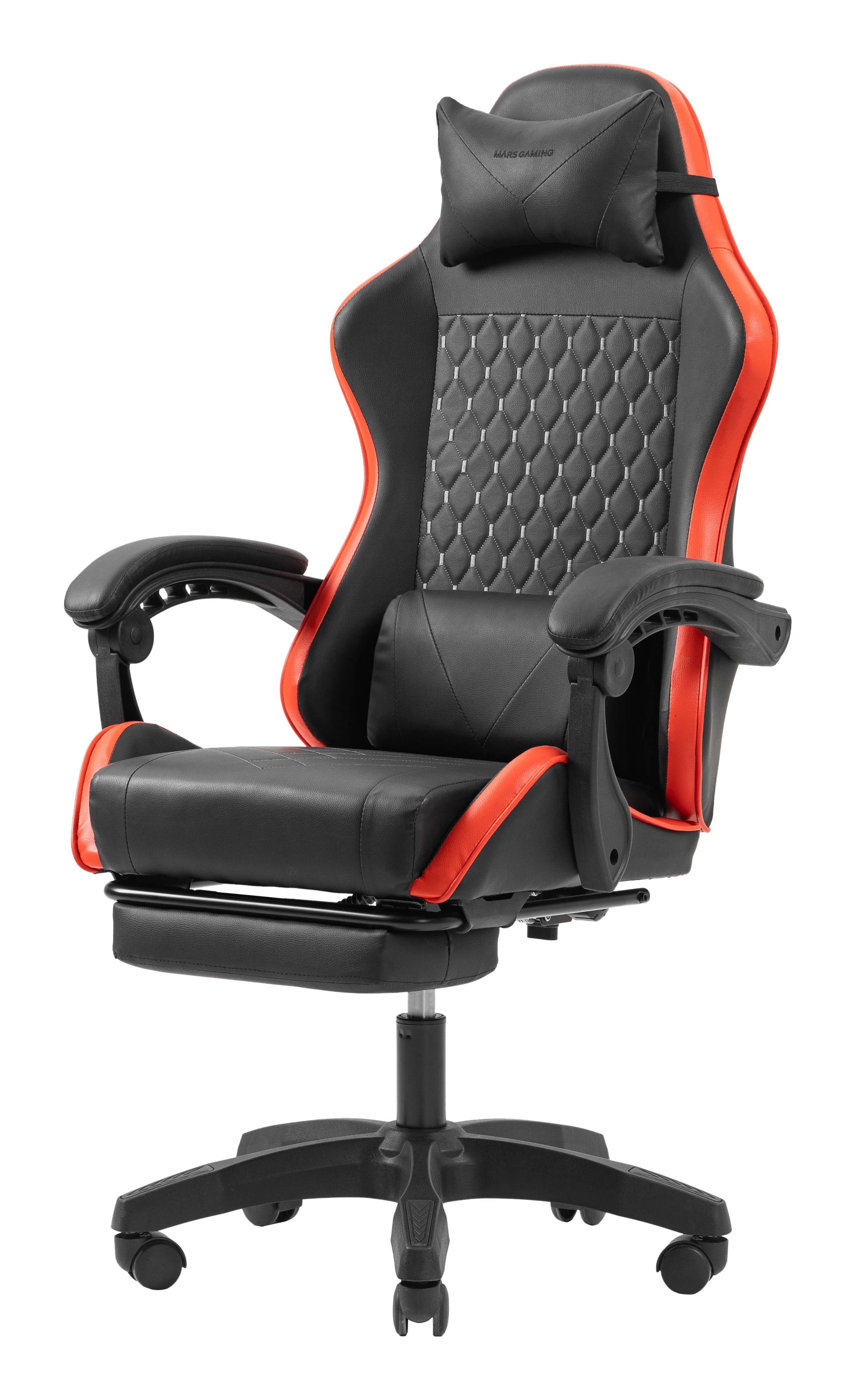 Una silla gamer negra con detalles naranjas y soporte lumbar ajustable.