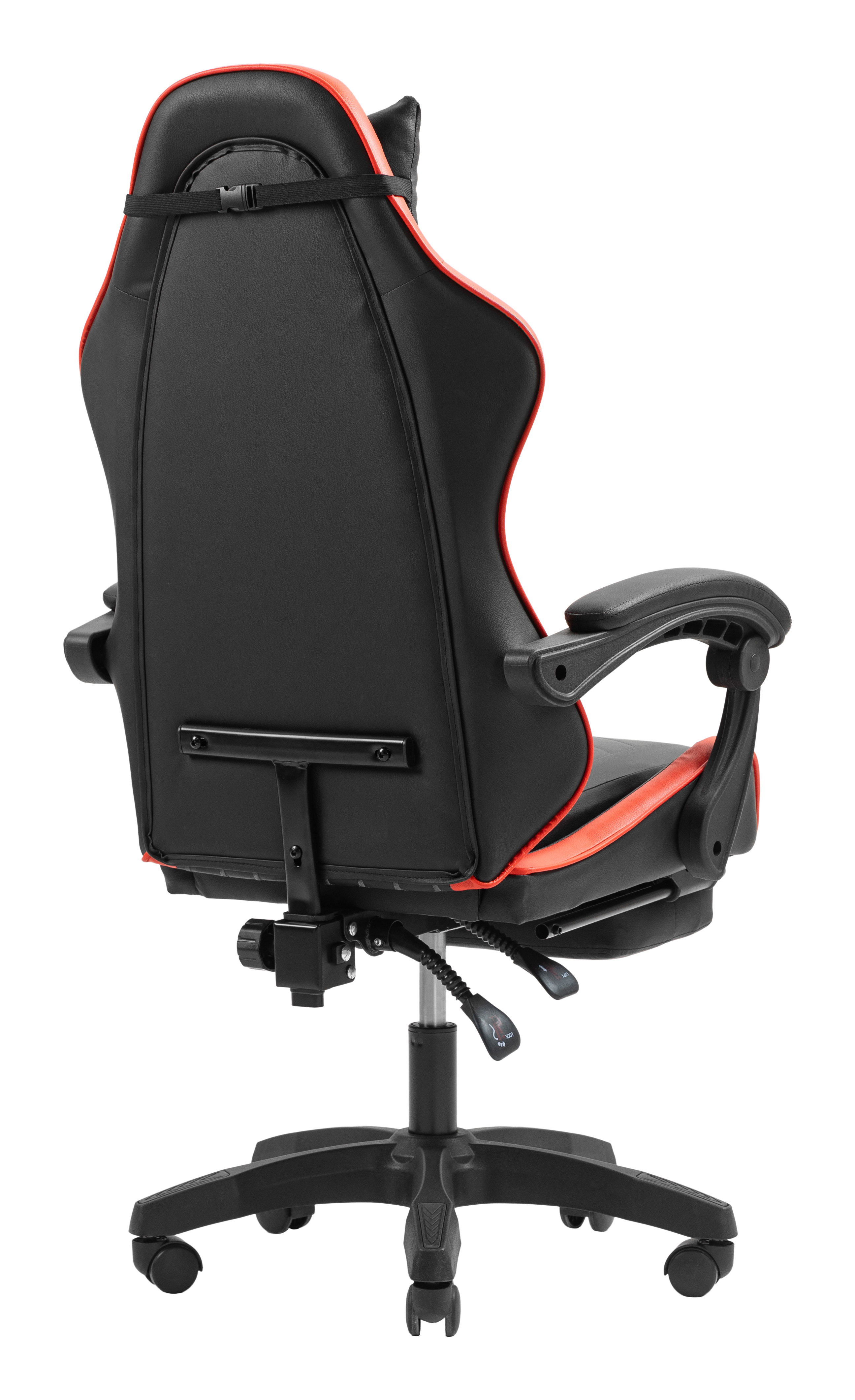 Silla de oficina negra con detalles rojos, vista desde atrás.