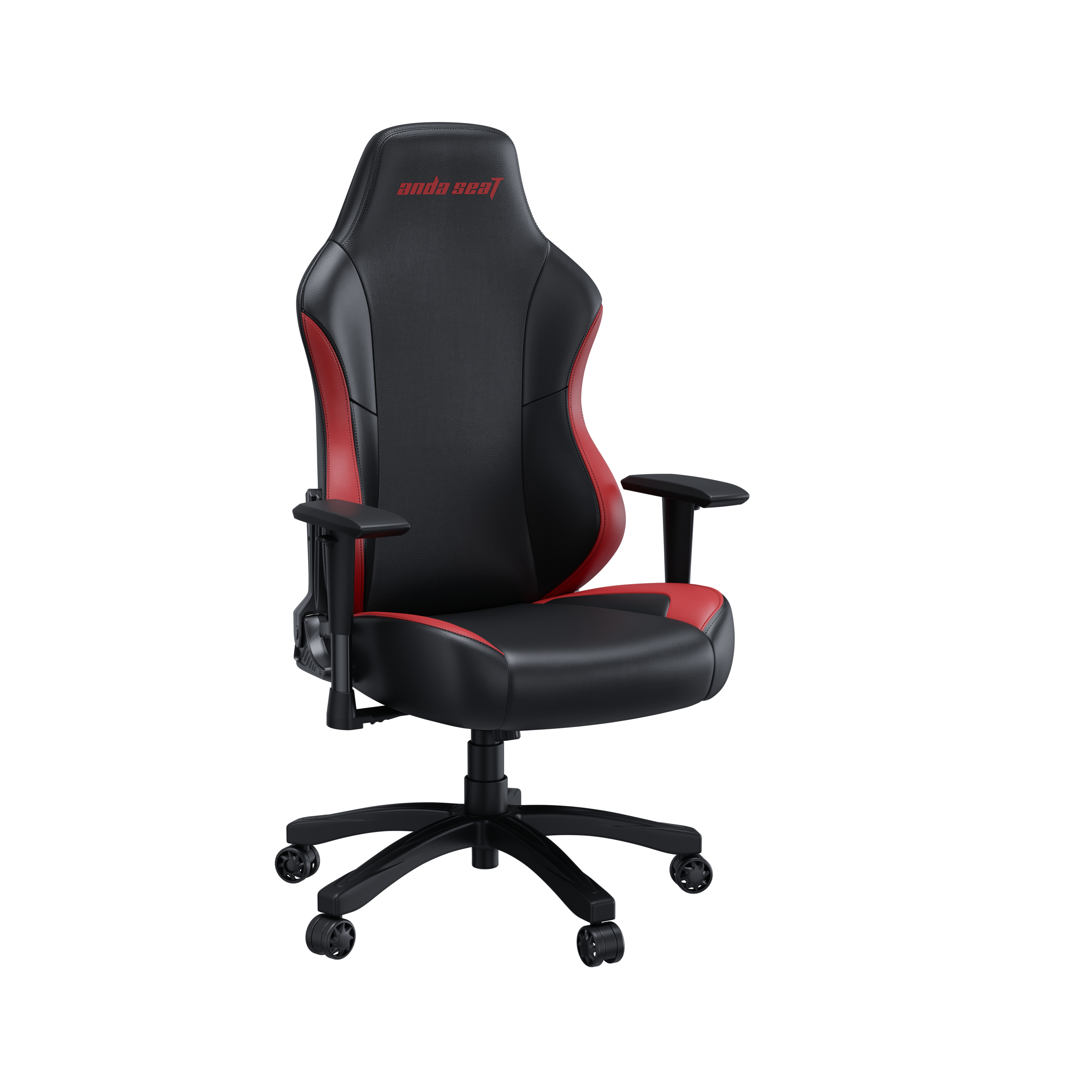 Sedia da gaming nera con accenti rossi e ruote.