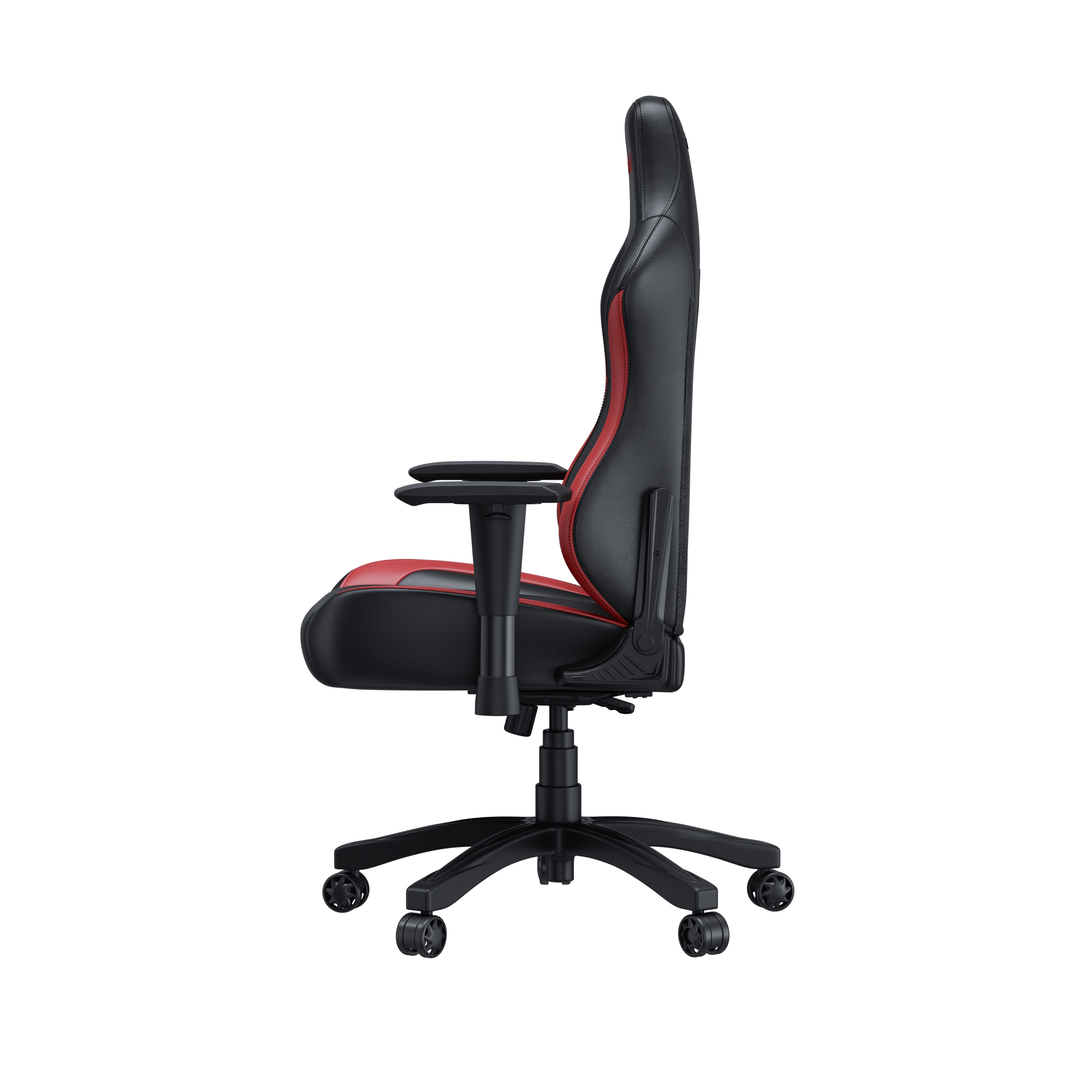 Sedia da ufficio nera con accenti rossi, vista laterale.