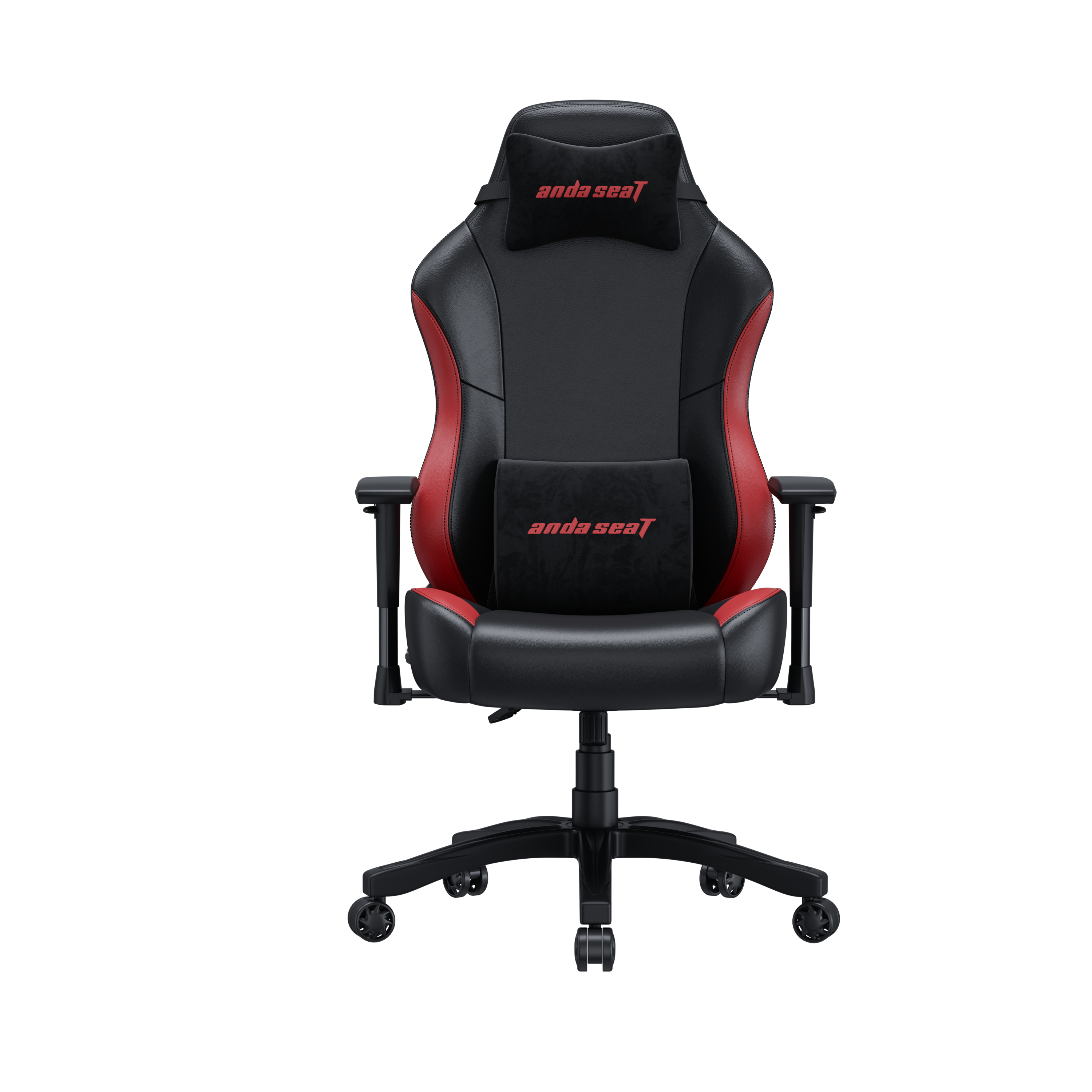 Una sedia da gaming nera e rossa con cuscini per testa e lombari con logo.