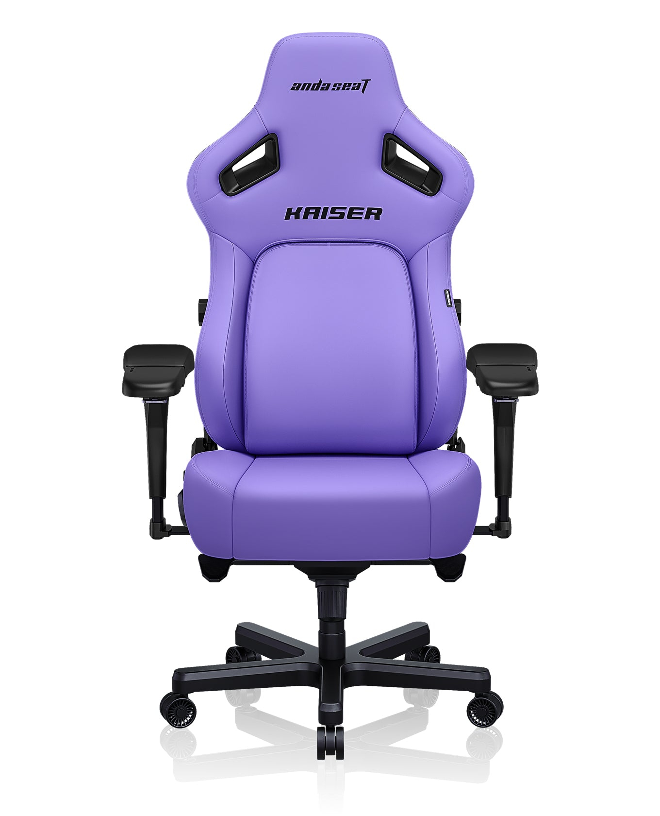 Una sedia da gaming viola con telaio, braccioli e ruote nere.