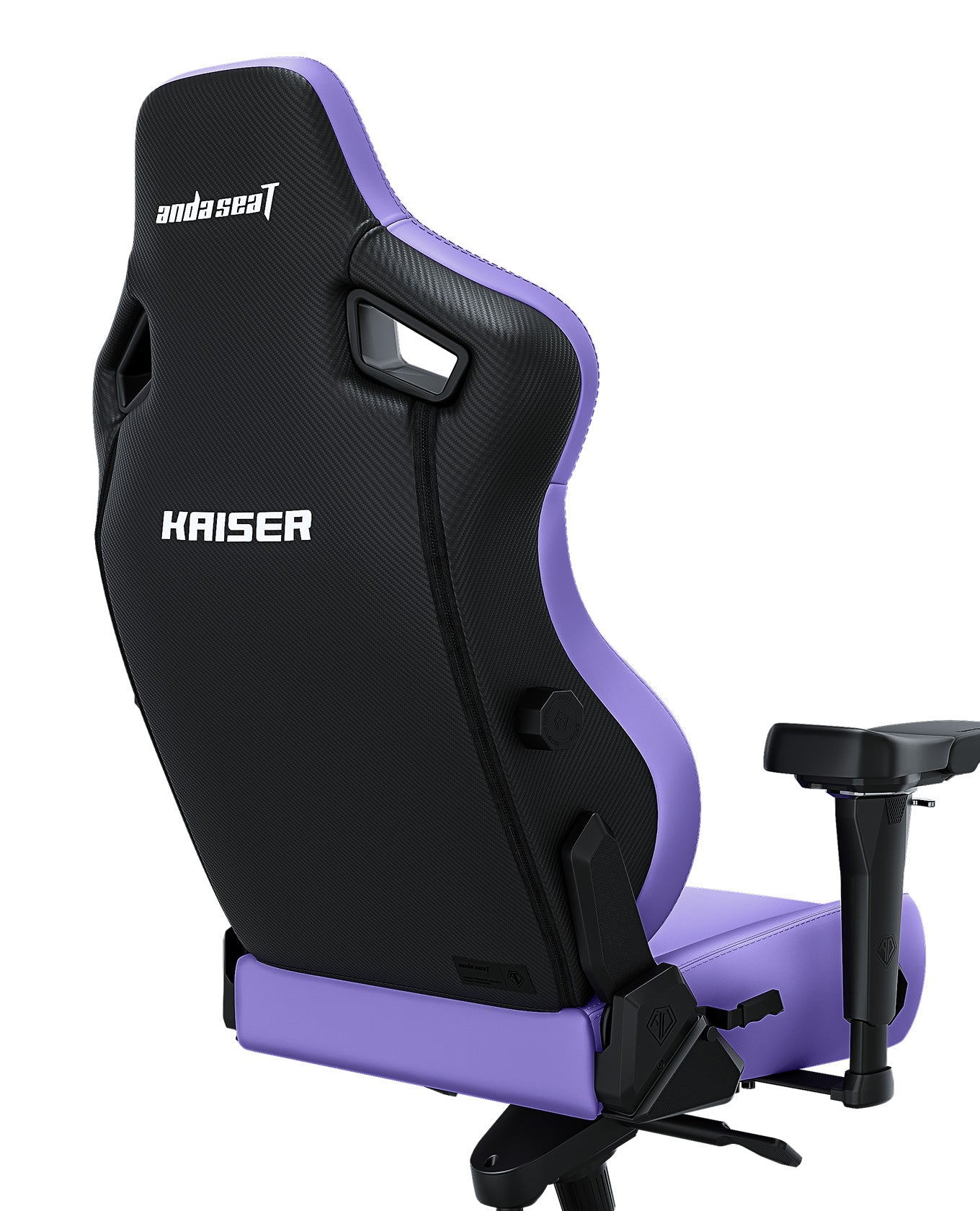 Una sedia da gaming viola e nera con logo e bracciolo.