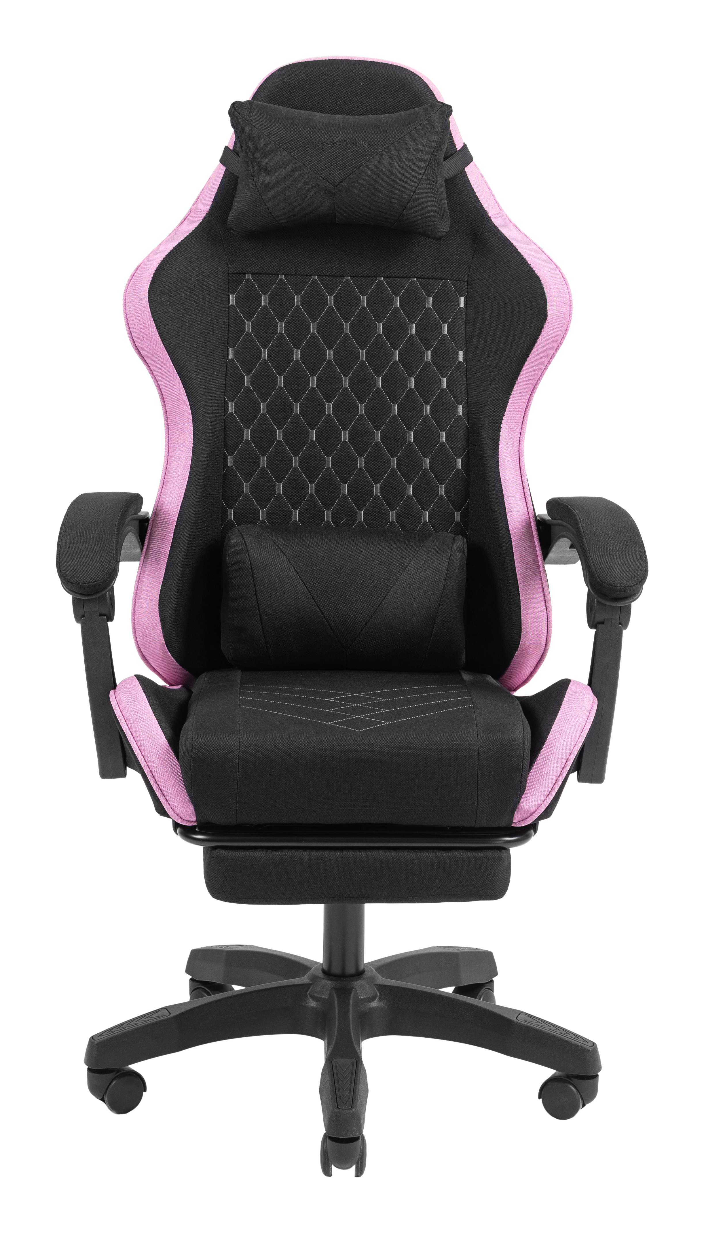 Silla gamer negra con detalles rosas, reposacabezas y cojín lumbar.