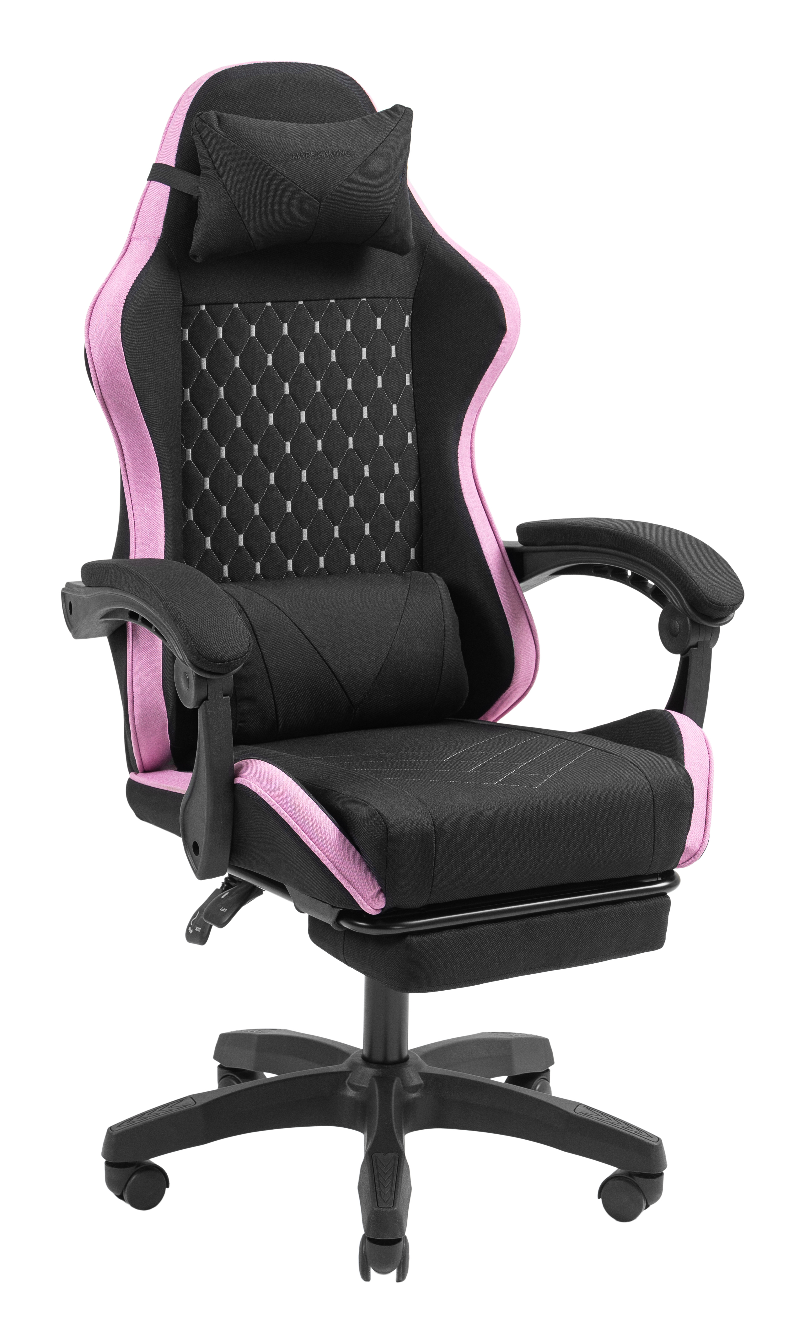 Silla gamer negra con detalles rosas, reposacabezas y reposapiés ajustables.
