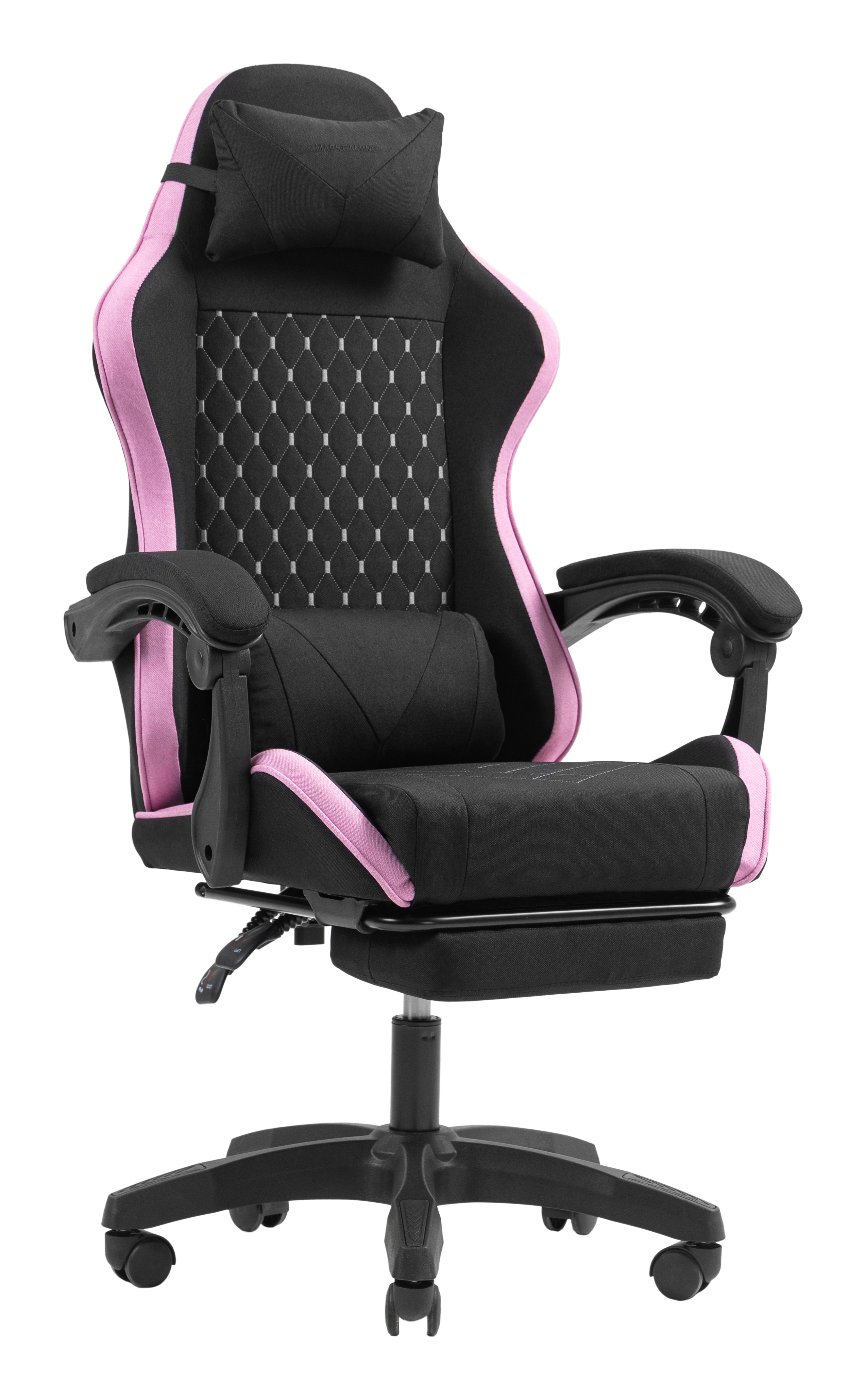 Silla gamer negra con detalles rosas, reposacabezas y reposapiés.