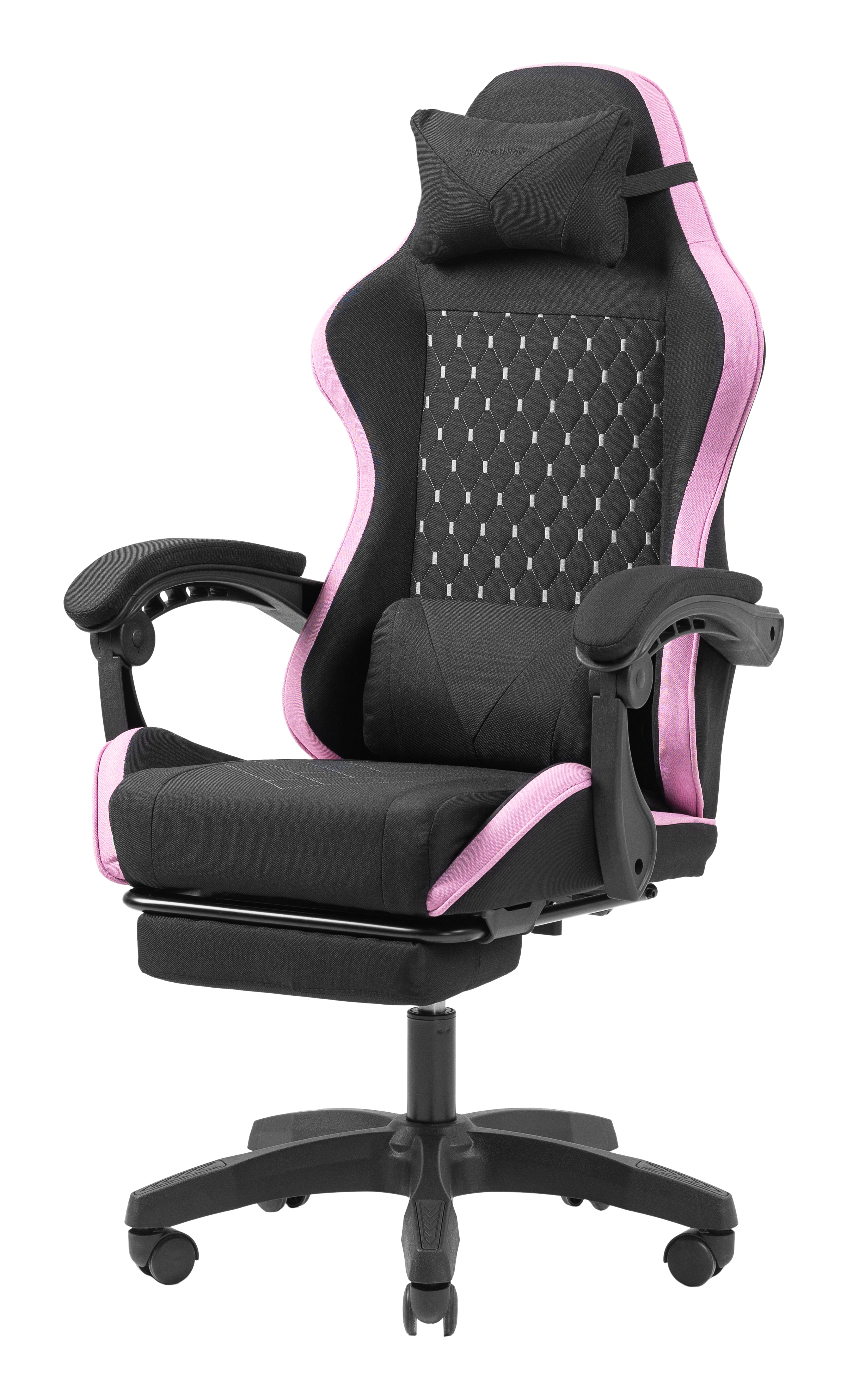 Silla gamer negra con detalles rosas, reposapiés ajustable y almohada cervical.